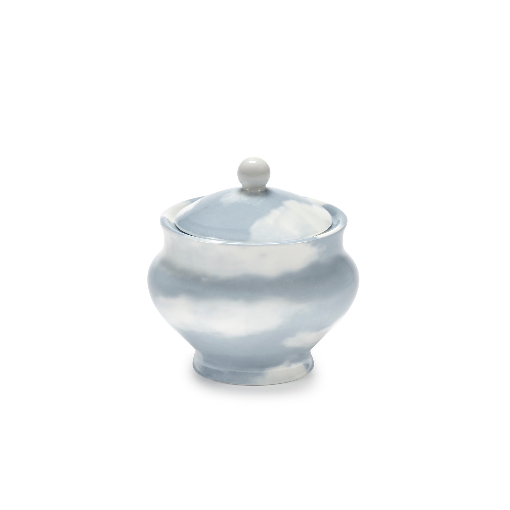 De Serax Wouters & Hendrix Fête Des Bêtes Suikerpot Lichtblauw is een fijne porseleinen suikerpot met een ronde vorm en deksel, gedecoreerd in lichtblauw en wit met een lucht- en wolkenmotief.