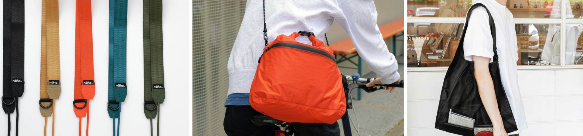 Zes kleurrijke tassenriemen die verticaal zijn uitgestald, een persoon die een oranje tas draagt terwijl hij fietst en een andere persoon met een zwarte draagtas die een telefoon vasthoudt voor het raam van een gebouw.