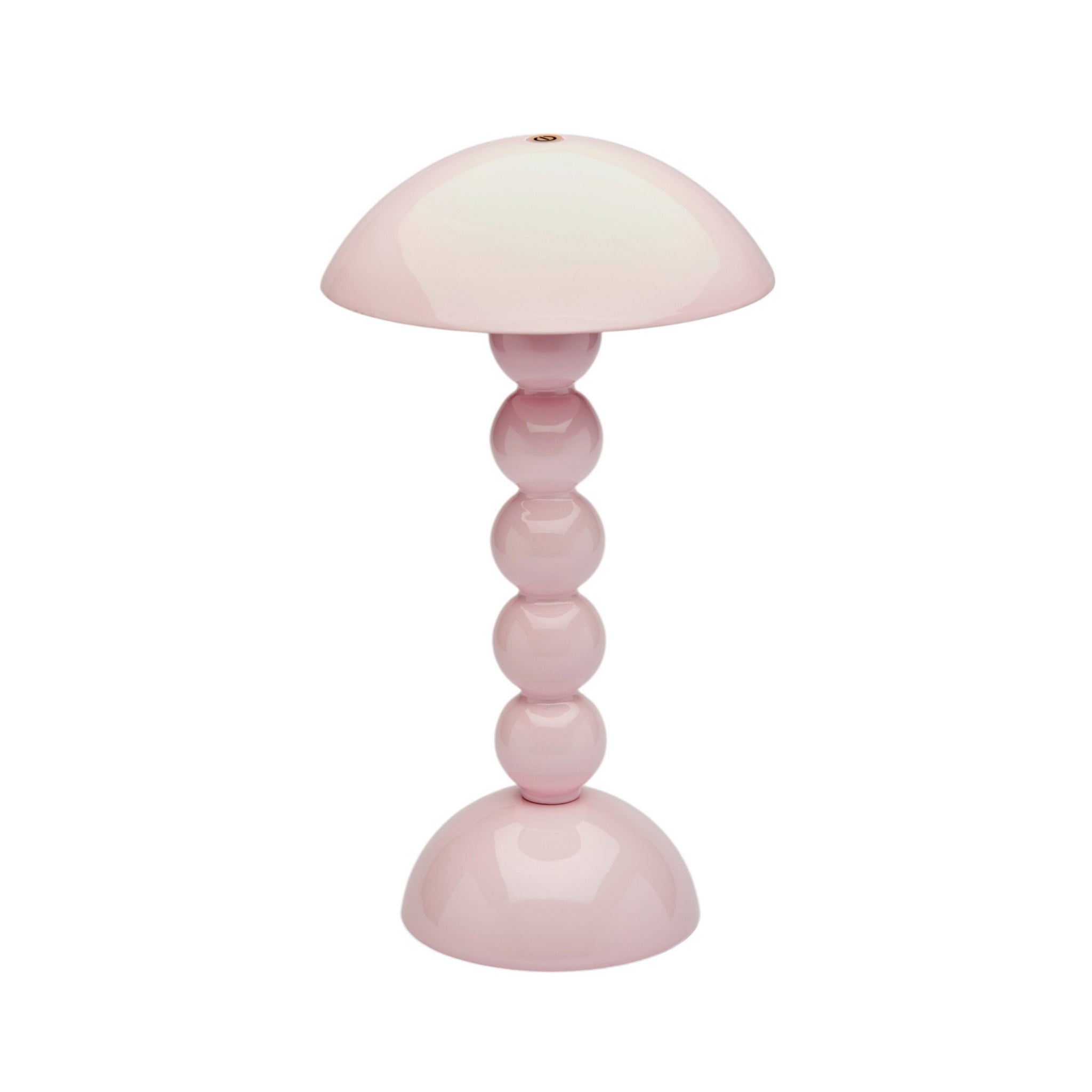 Addison Ross Bobbin Lamp LED Oplaadbaar Roze: een moderne, glanzend roze lamp met koepelvormige kap en gestapelde bollenvoet-ideale sfeerverlichting van Addison Ross voor elke chique ruimte.