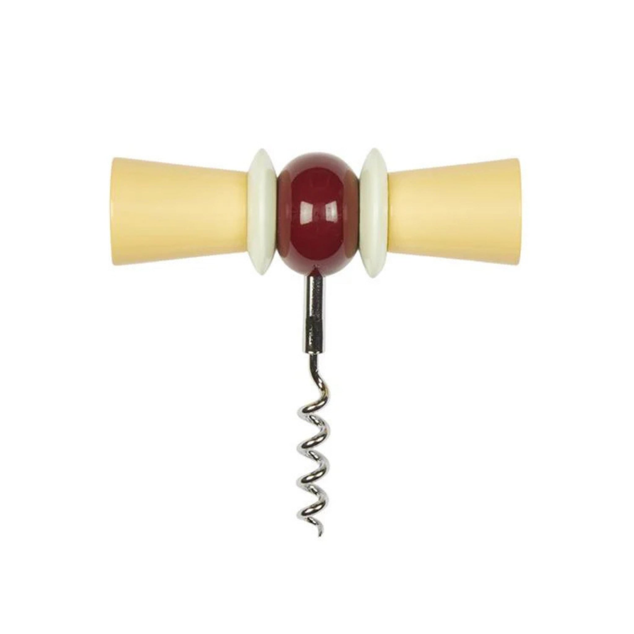 De Addison Ross Bowtie Kurkentrekker Amie heeft een uniek handvat met twee beige kegels, een rode centrale bol en witte schijven in combinatie met een metalen spiraal - een opvallende Addison Ross toevoeging aan elke barartikelencollectie.