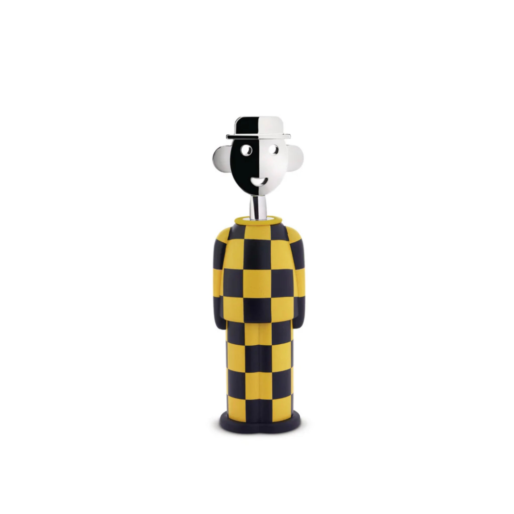 De Alessi Alessandro Kurkentrekker Giallo e Nero van Alessi is een grillige kurkentrekker met een half zwart, half wit gezicht en geruite zwart-gele outfit, geïnspireerd op Italiaans design, rechtopstaand tegen een effen witte achtergrond.
