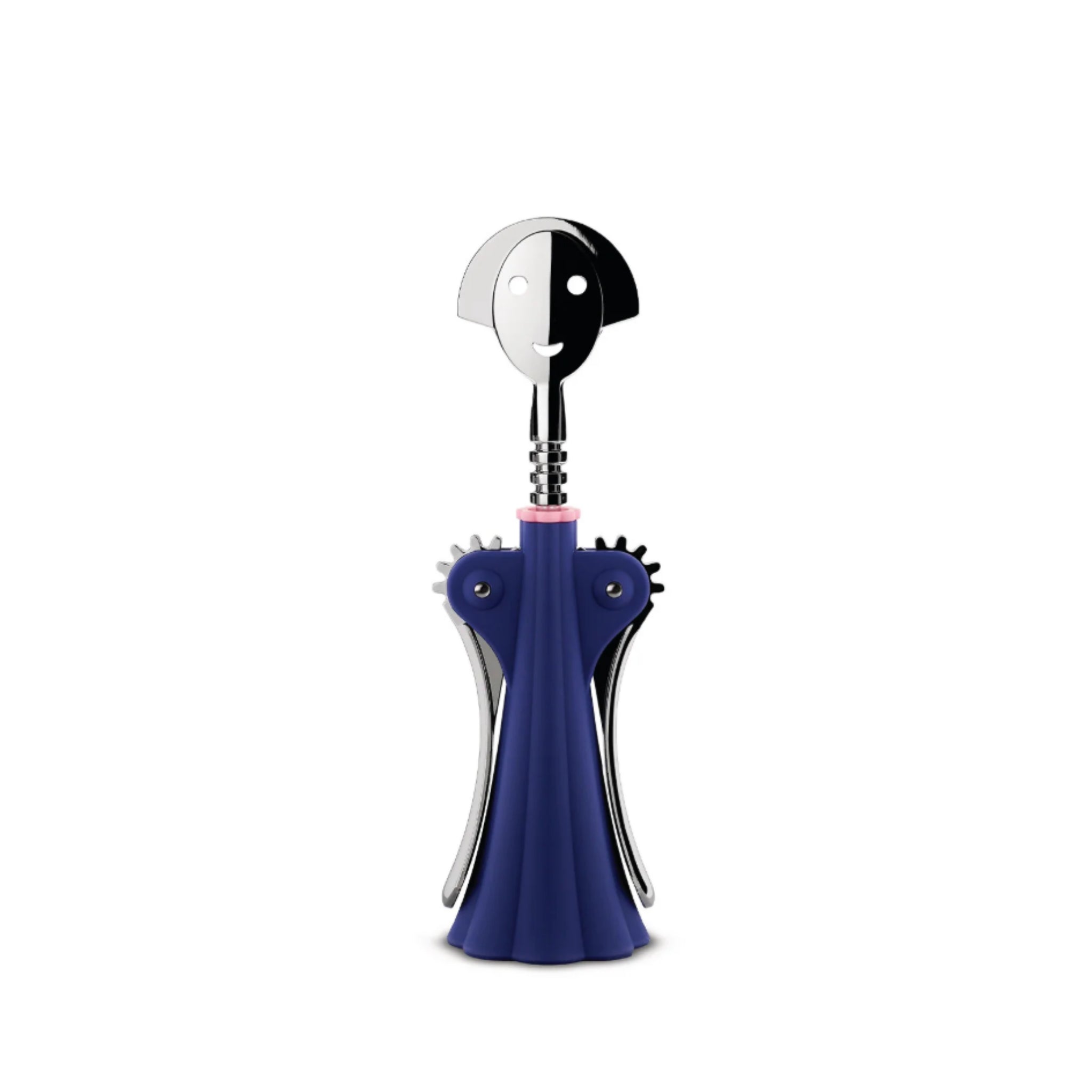De Alessi Anna G Kurkentrekker Blauw van Alessi heeft een speels, op mensen geïnspireerd ontwerp met een metalen hoofd en armen en een donkerblauwe, uitlopende basis, tegen een effen witte achtergrond.