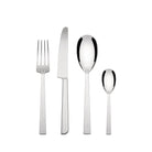 Vier stukken Alessi Asta Bestek 24-delig zilverwerk - een vork, mes, eetlepel en theelepel - zijn gerangschikt op een witte achtergrond, wat het elegante Italiaanse ontwerp van Alessi benadrukt.