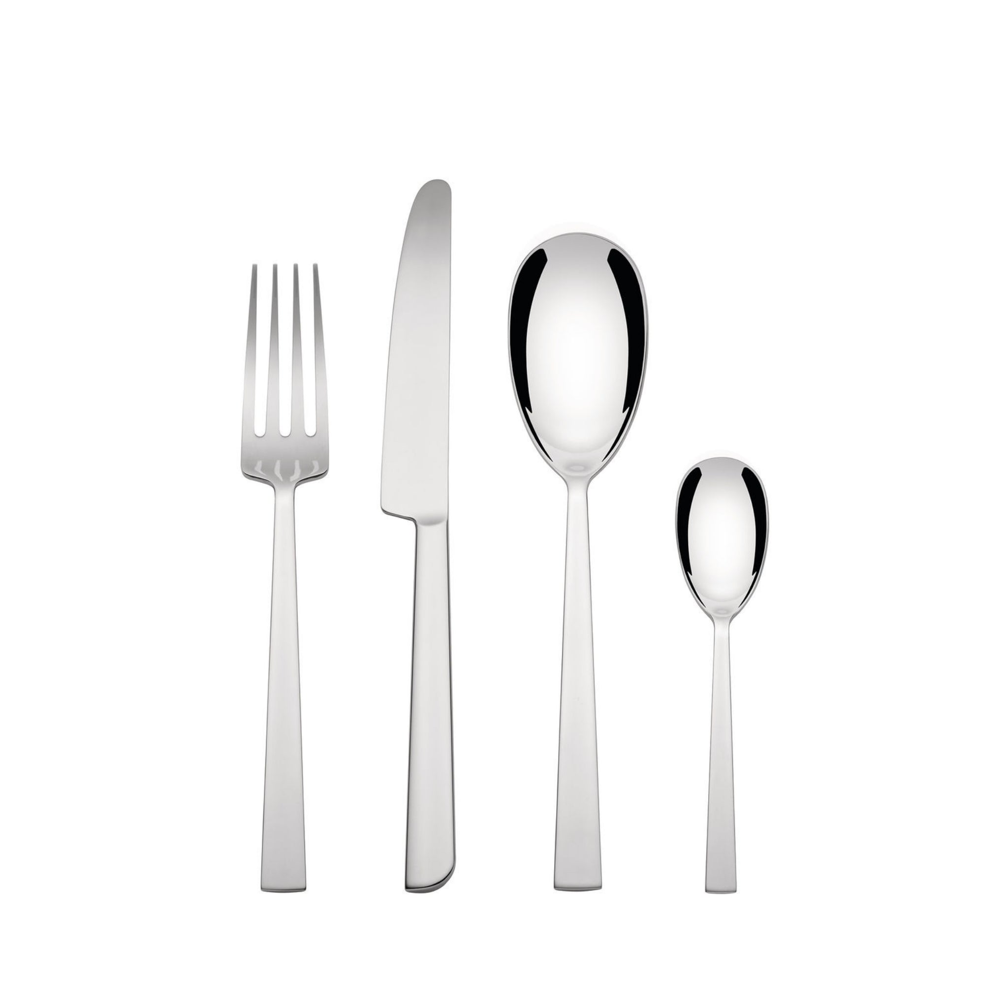 Vier stukken Alessi Asta Bestek 24-delig zilverwerk - een vork, mes, eetlepel en theelepel - zijn gerangschikt op een witte achtergrond, wat het elegante Italiaanse ontwerp van Alessi benadrukt.