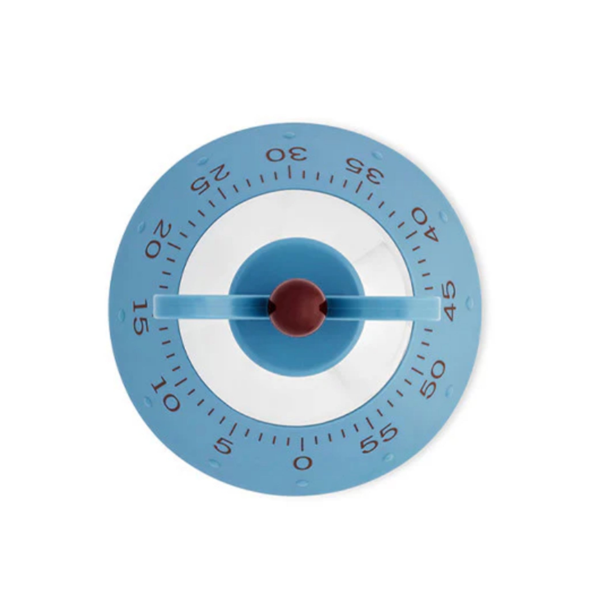 De Alessi Kookwekker Blauw, een blauw-witte keukenwekker van Alessi met een rode knop, wordt van bovenaf getoond. De wijzerplaat toont getallen in stappen van 5 minuten (0-60) en heeft een blauwe wijzer die de timerfunctie aangeeft.