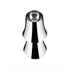 Een gepolijste, metalen Alessi Halesia Tafellamp LED Oplaadbaar met vloeiende rondingen en een centrale inkeping bij de bovenkant, met een reflecterend oppervlak in klassieke Alessi-stijl, staat tegen een effen witte achtergrond.