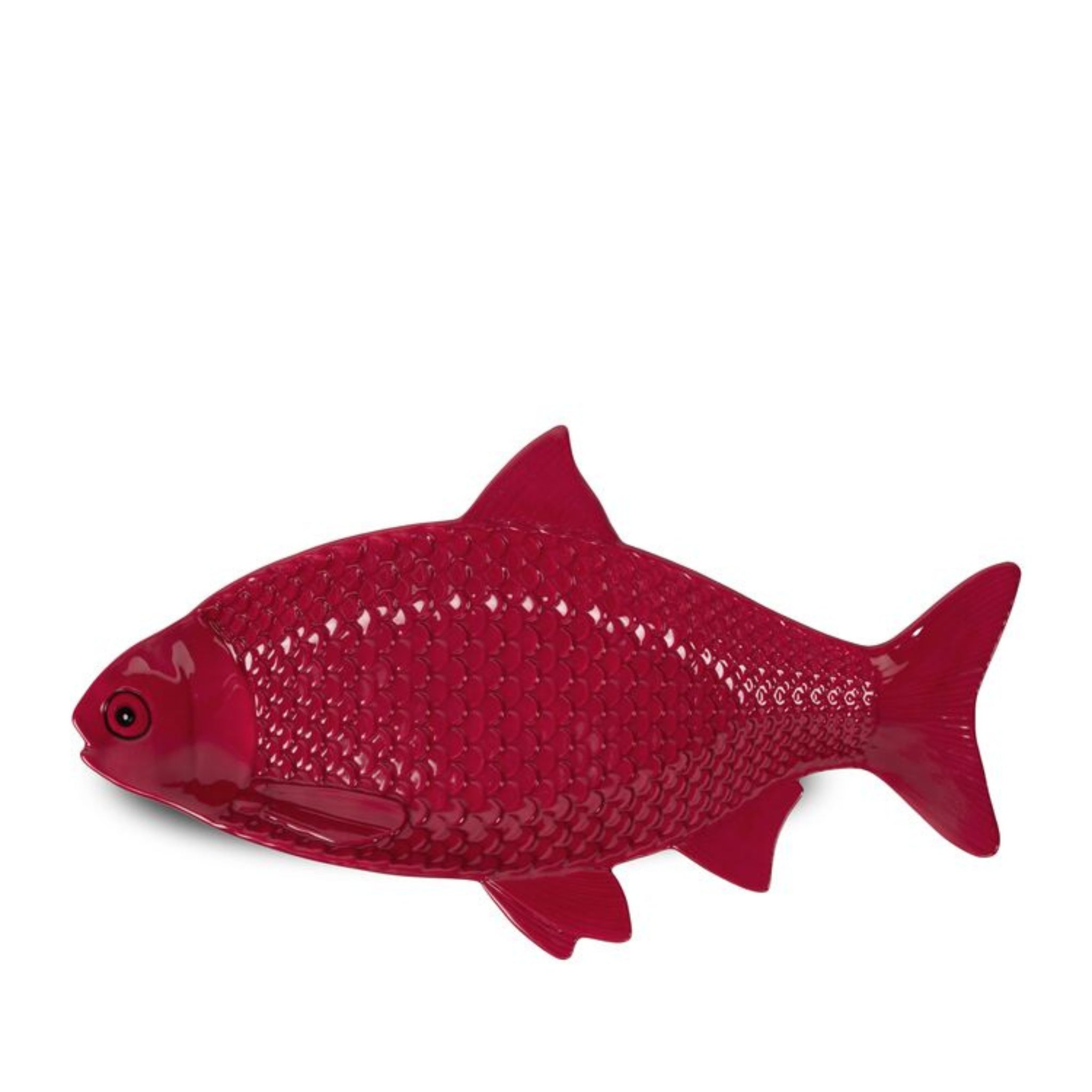 De Byon Kai Serveerschaal Rood, een rode serveerschaal in de vorm van een vis van Byon met gedetailleerde schubben, vinnen en staart, wordt afgebeeld tegen een witte achtergrond.