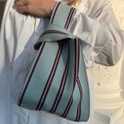 Een persoon in een wit shirt houdt de Caro Antwerp Caro Handtas Double Dash Berry Fresh vast, een lichtblauwe geweven tas met kastanjebruine en witte strepen en een knoopdetail, tegen een sierlijke witte muur.