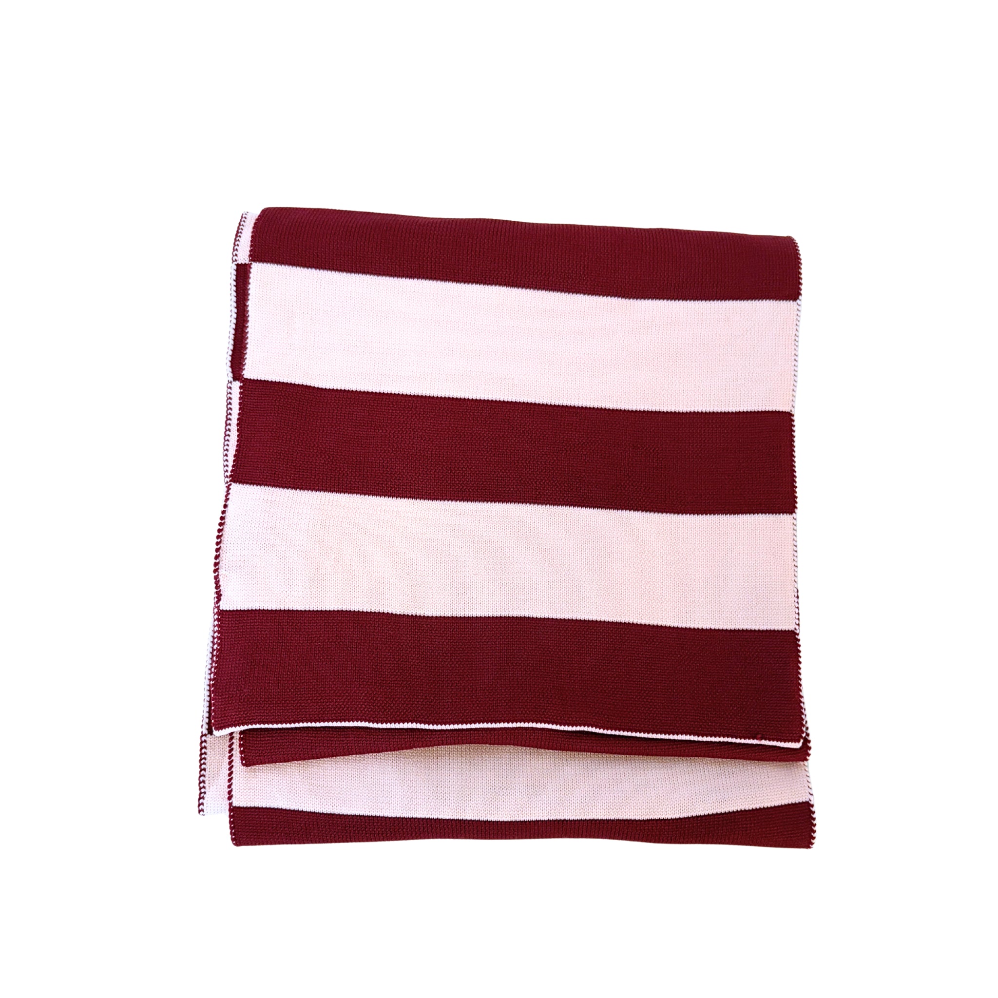 Een gevouwen Caro Antwerp Sjaal Ace Pinky Promise met brede horizontale strepen in afwisselend roze en wit tegen een witte achtergrond.