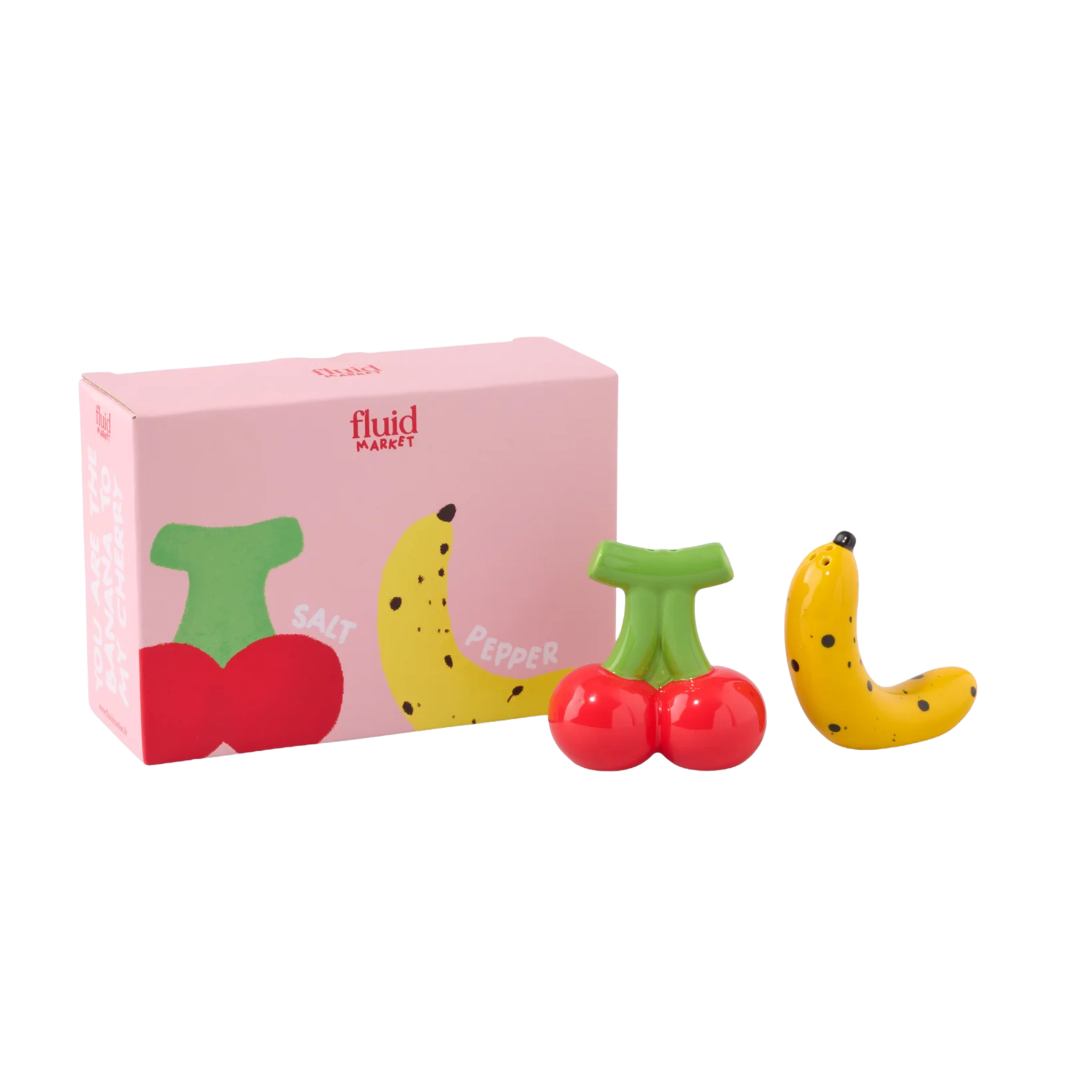 The Fluid Market Zout- en Pepervaatjes Banaan Kers 2 st. zijn keramische zout- en pepervaatjes in banaan-kers vorm, geleverd in een roze doos met illustraties en "zout" & "peper". Een speelse aanvulling op je Fluid Market keukenassortiment.