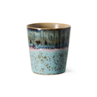 HK Living 70s Ceramics Koffiekop Birthstone met petrolblauw, roze en gespikkeld aquablauw glazuur, vooraanzicht op een witte achtergrond