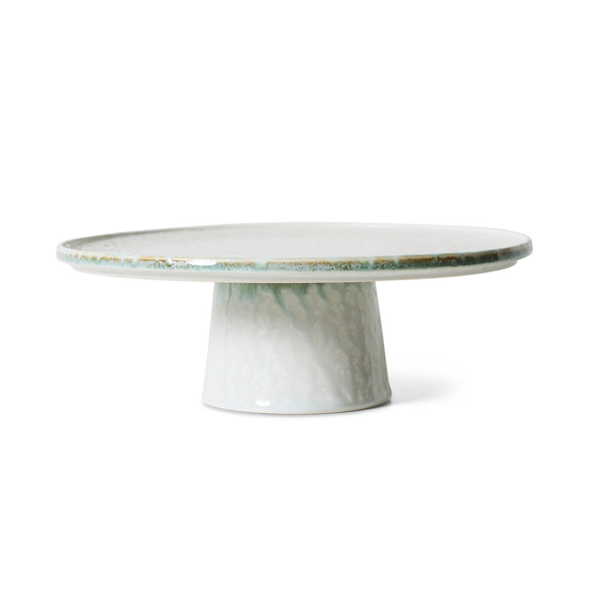 De HK Living 70s Ceramics Plateau/Taartschaal Smudge M heeft een glanzende, gemarmerde lichtgroene en witte afwerking met een brede, platte bovenkant en stevige basis - een retro jaren 70 stijl tegen een effen witte achtergrond.