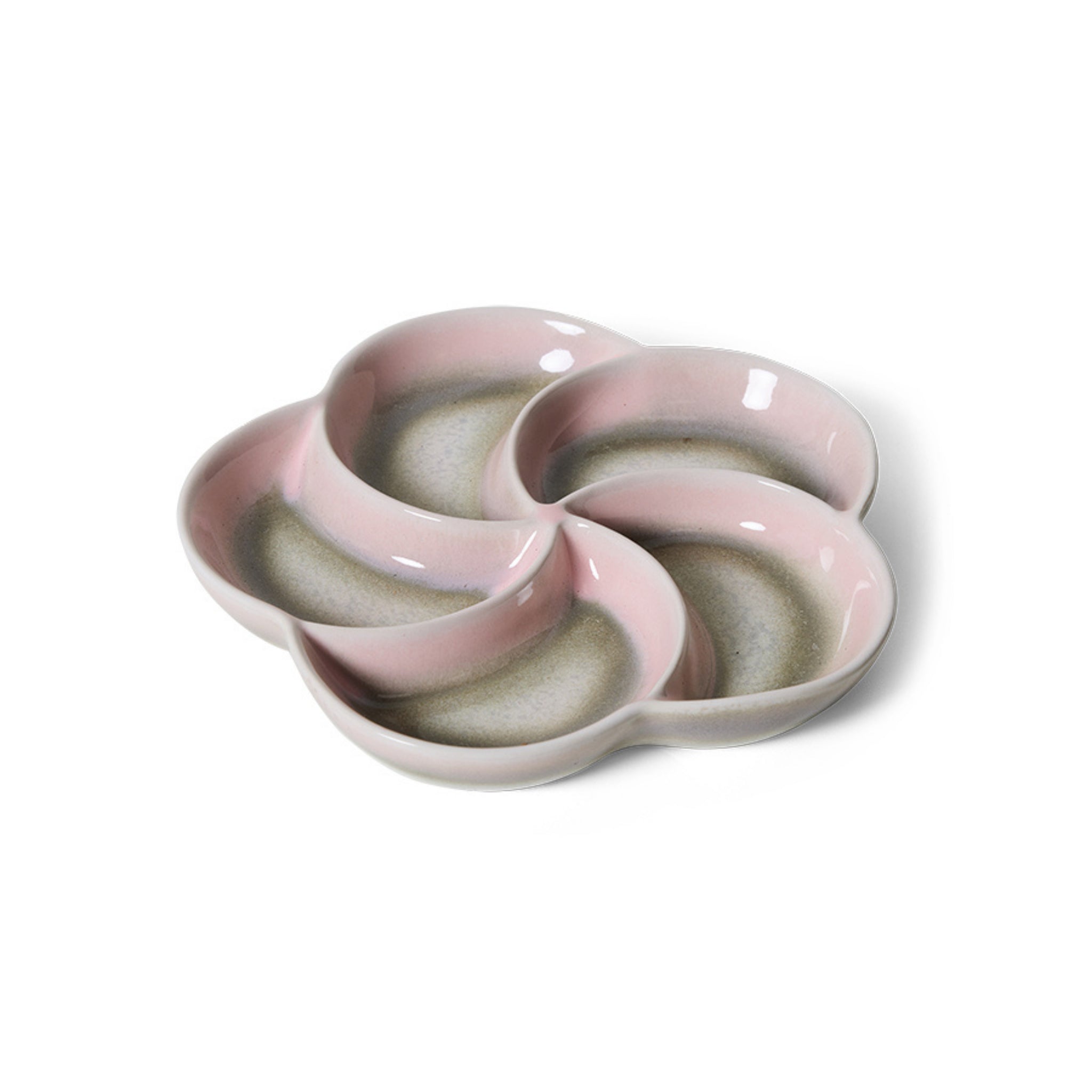 De HK Living 70s Ceramics Snack Schaal Muse is een tapasschaal van keramiek met vier petal-vormige compartimenten in zachtroze en grijstinten, gerangschikt in een bloempatroon - perfect voor het serveren van snacks.