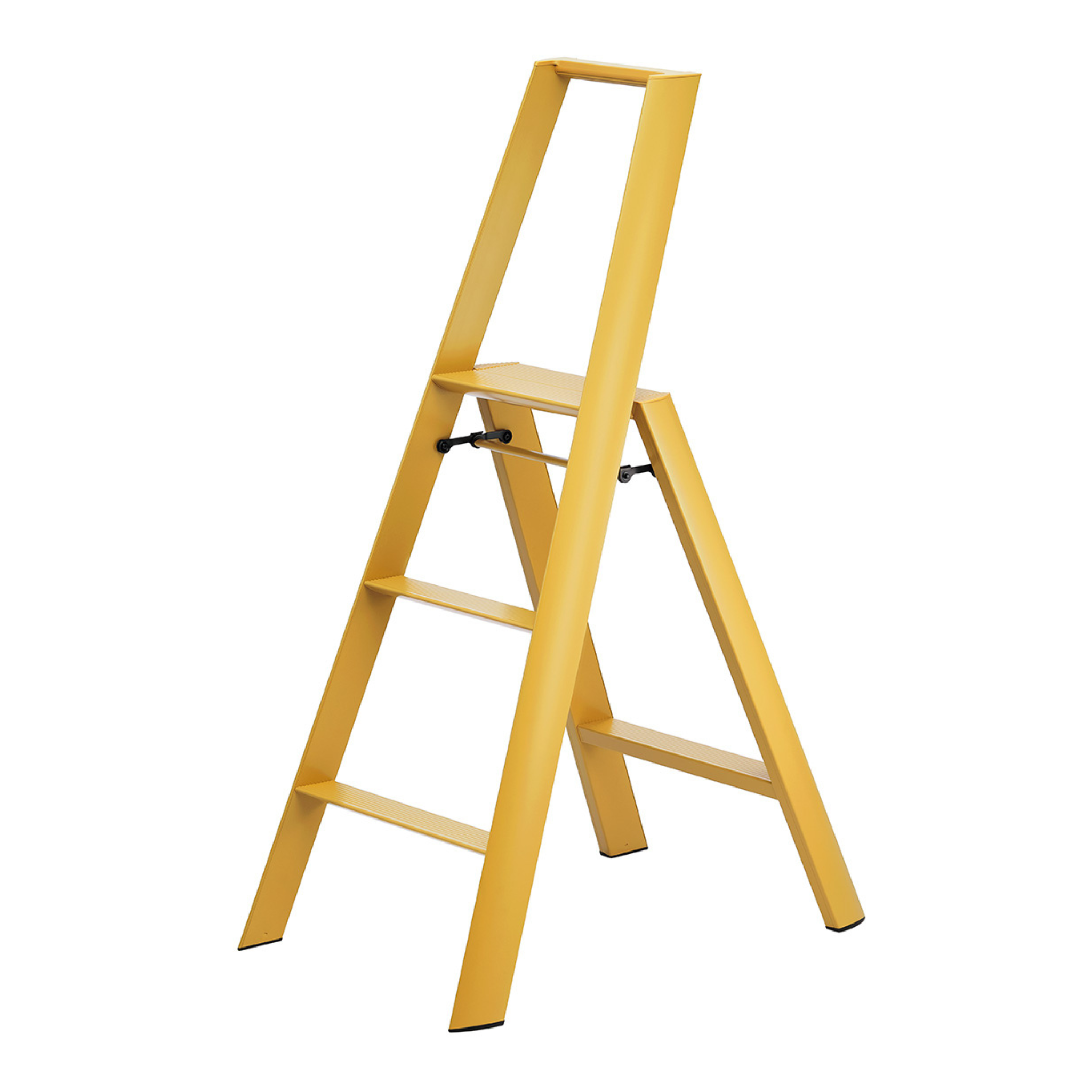 Een Hasegawa Lucano-ladder met drie treden in de kleur Geel van Hasegawa, met een modern Japans ontwerp in geel, staat open op een witte achtergrond.
