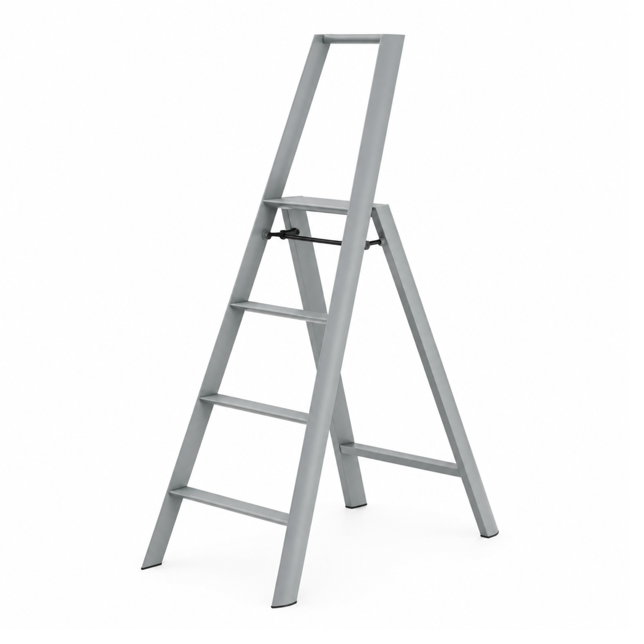 Een Hasegawa Lucano-ladder met 4 treden in grijs, van Hasegawa, met een zilverkleurig aluminium frame, staat open op een witte achtergrond. De ladder heeft een breed bovenste platform en stevige steunpoten voor extra stabiliteit.