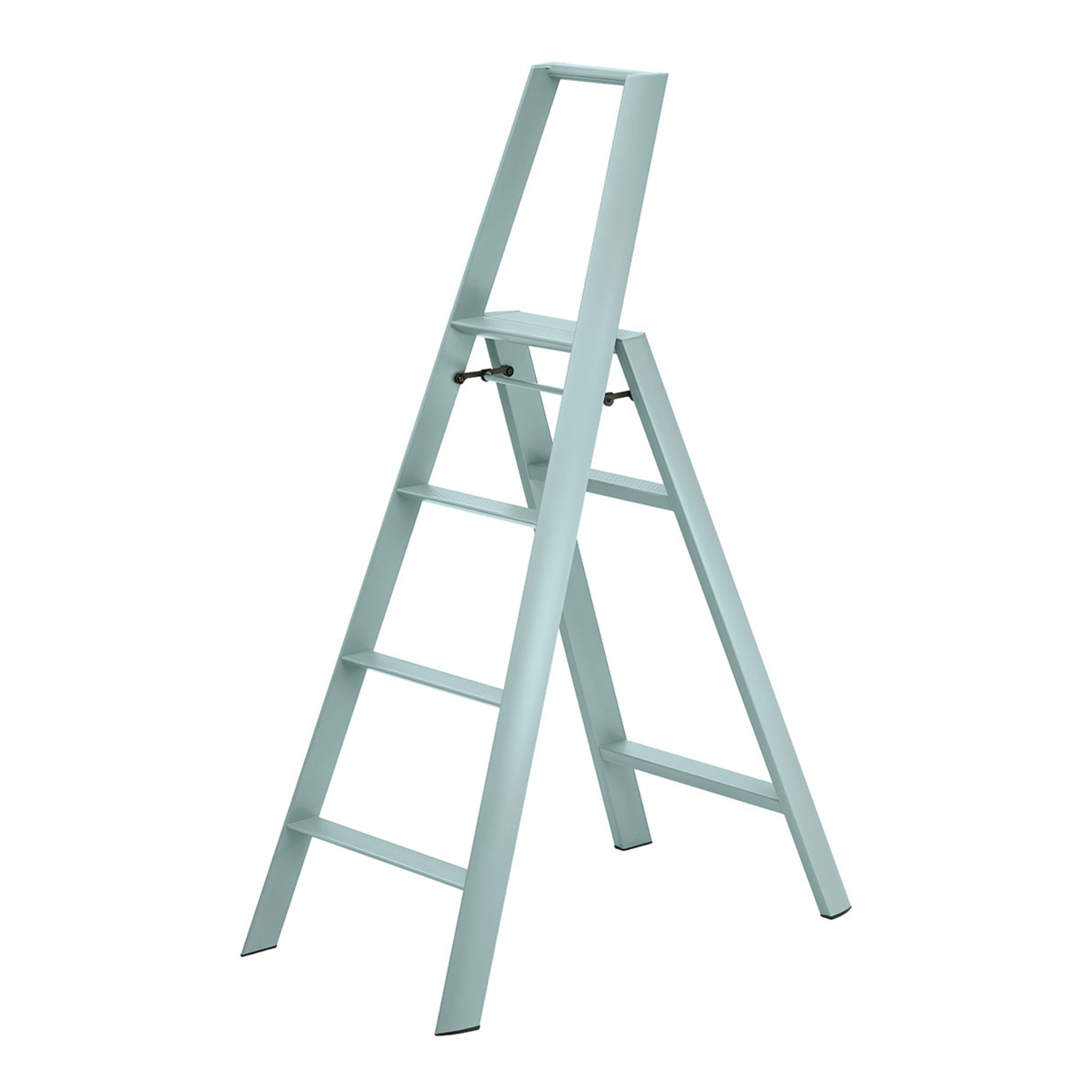 De Hasegawa Lucano Ladder 4 Step Dusty Mint van Hasegawa, met een stevig frame en strak Japans ontwerp, staat open en bekeken vanaf de zijkant tegen een witte achtergrond.