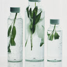Drie Hay Miz waterflessen met muntgroene dop, gevuld met water en verse kruiden, waaronder links de Hay Miz Waterfles Ijsblauw 720 ml.