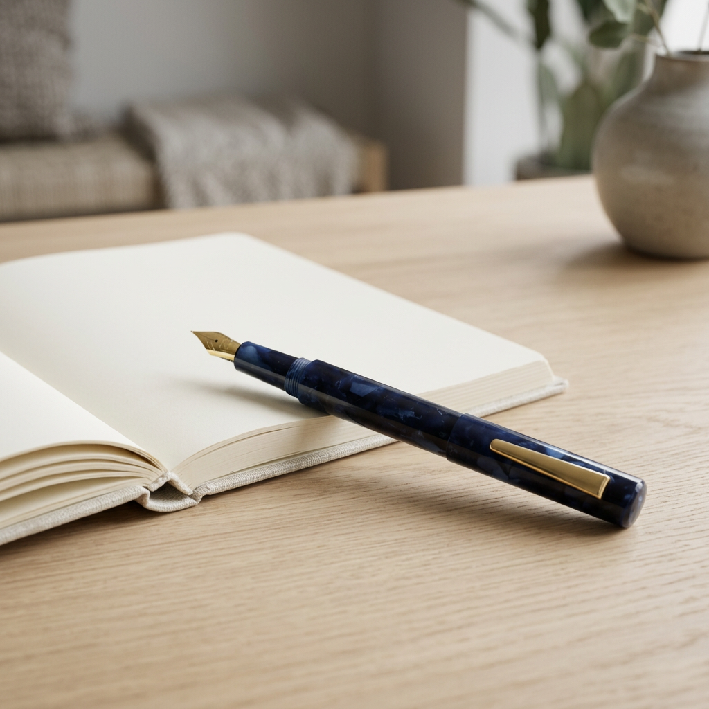 Sfeerfoto van de blauwe Hightide-vulpen naast een open notitieboek