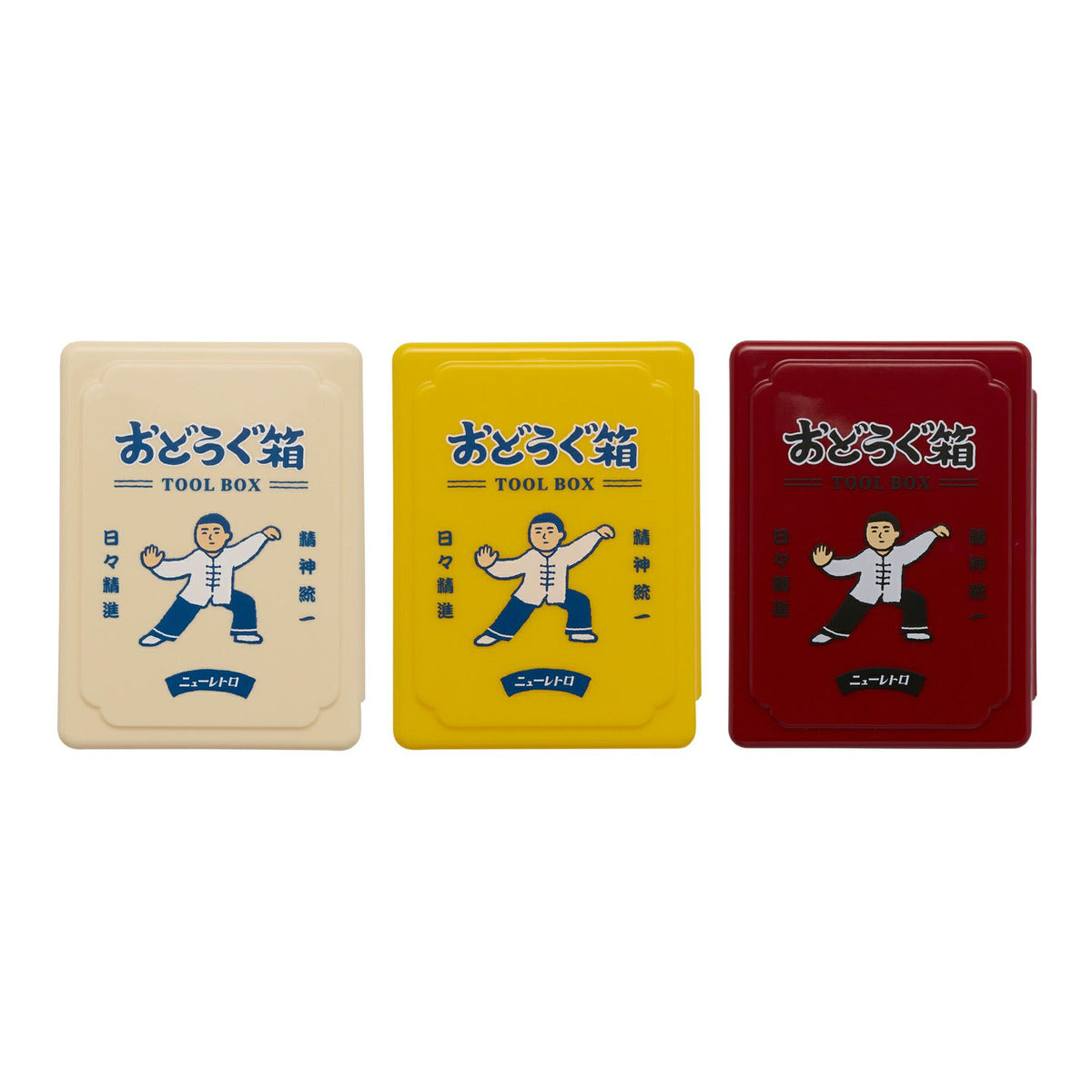 De drie Hightide New Retro Tai Chi Mini Opbergdoosjes in ivoor, geel en rood naast elkaar