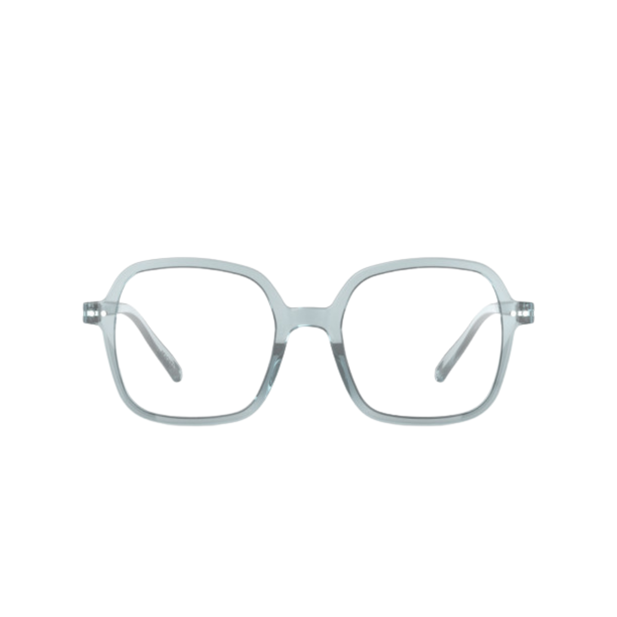 De Izipizi Leesbril Office Frozen Blue van Izipizi heeft een breed, doorzichtig, vierkant montuur van kunststof met een moderne, minimalistische uitstraling en een blauwlichtfilter, afgebeeld tegen een effen witte achtergrond.