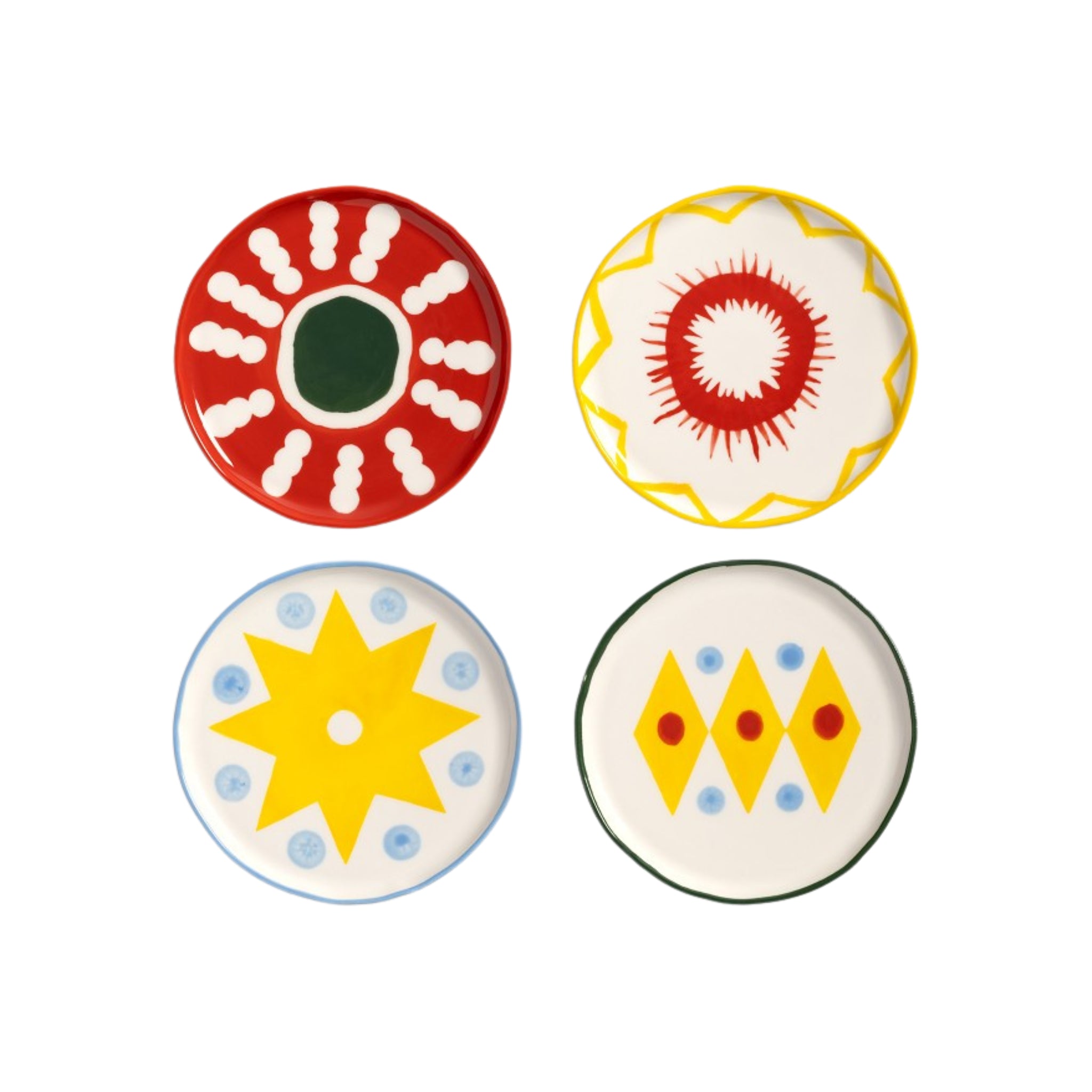 De &Klevering Festivo Borden D13 4 st. set van &Klevering bestaat uit vier ronde porseleinen borden met handbeschilderde motieven: rood met witte stippen en groen midden, wit met rode zonnestraal en gele rand, gele ster met blauwe accenten en gele diamanten.