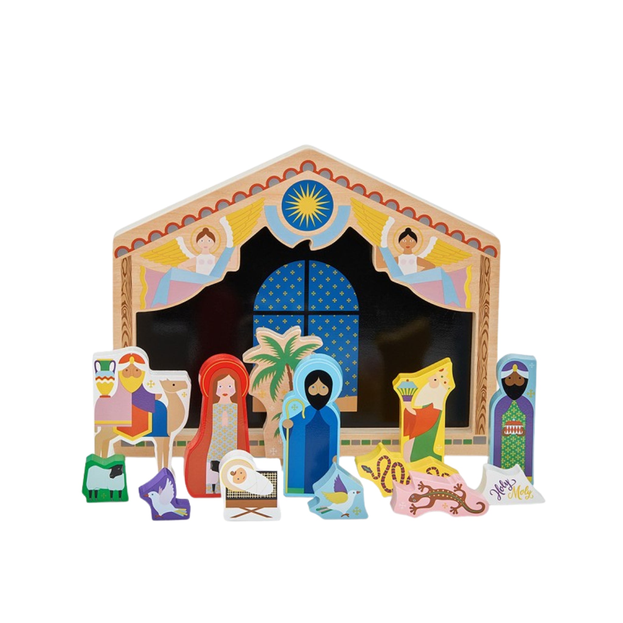 De &Klevering Kerststal Puzzel heeft abstracte, kleurrijke houten kerstfiguren en een achtergrond van een sterrenstal - ontworpen door Nynke Tynagel voor &Klevering - waardoor het een perfecte kerstdecoratie is.