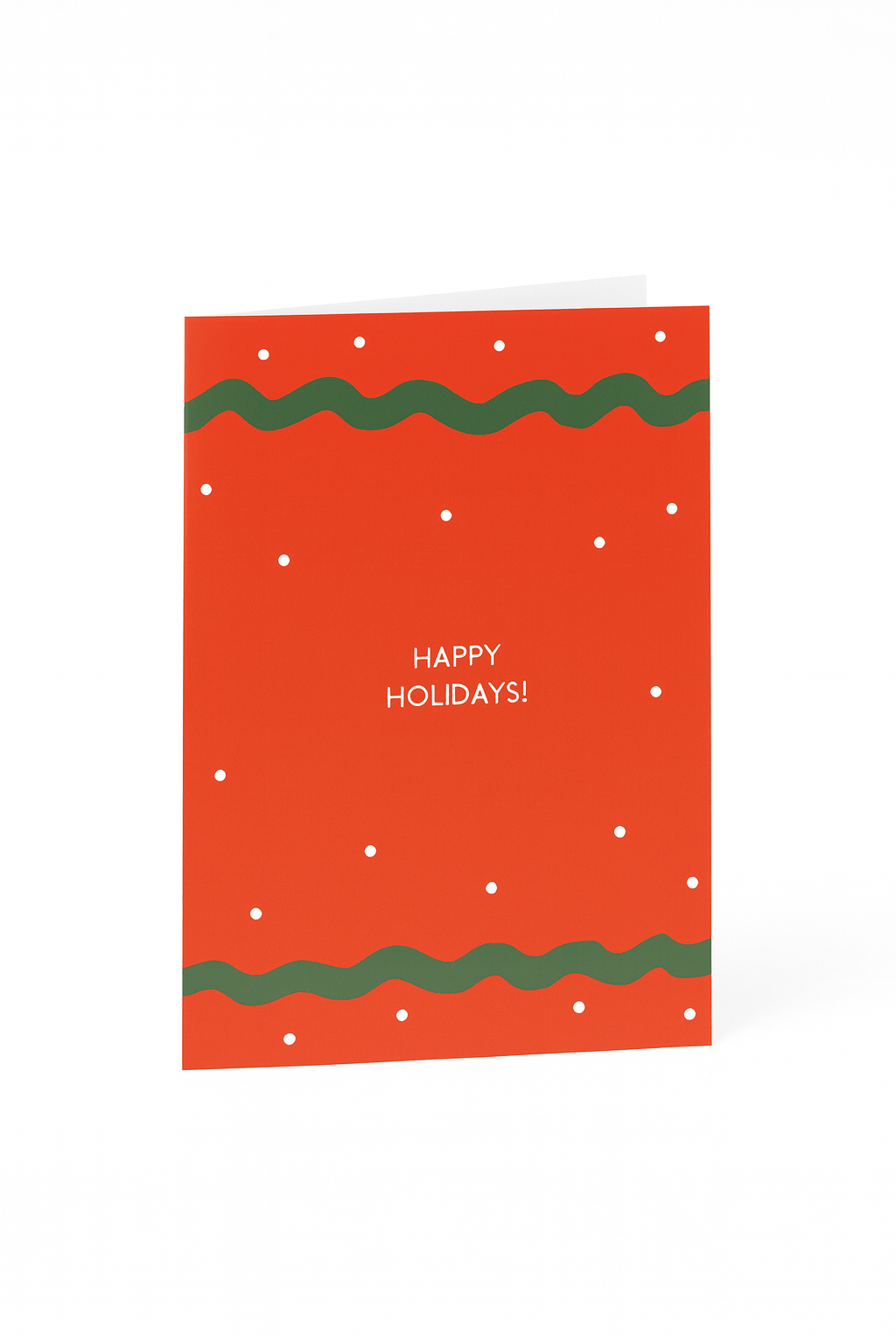 De Matriks Kerst- en Nieuwjaarskaart Happy Holidays! van Matriks is een rode kerstkaart met groene golvende randen, witte stippen en "HAPPY HOLIDAYS!" in witte tekst-een feestelijke keuze voor je kerstgroet.