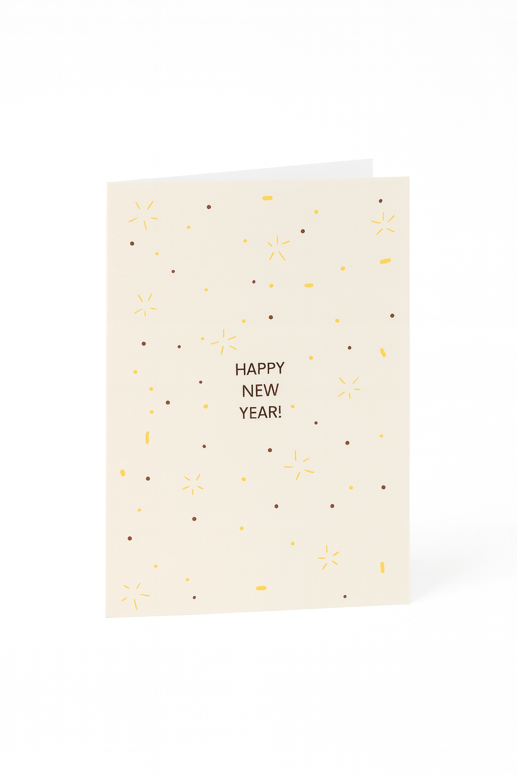 De Matriks Nieuwjaarskaart Happy New Year! van Matriks is een crèmekleurige kaart met gouden en bruine confetti-achtige stippen en lijnen, met "HAPPY NEW YEAR!" in het midden.