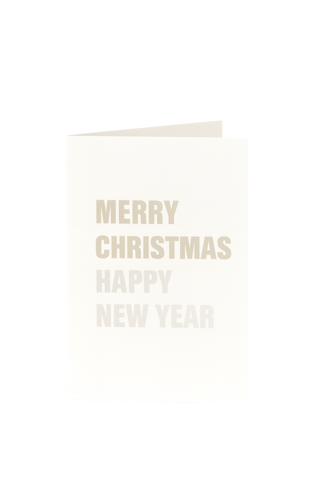 Een crèmekleurige Matriks Kerst- en Nieuwjaarskaart Vrolijk Kerstfeest Gelukkig Nieuwjaar staat rechtop, de feestelijke groet vetgedrukt op de voorkant-een perfecte kerstgroet en nieuwjaarswens van Matriks tegen een effen witte achtergrond.