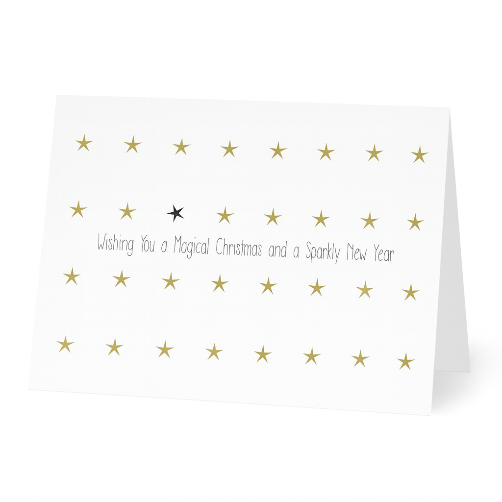 Een witte Matriks Kerst- en Nieuwjaarskaart van Matriks, versierd met gouden sterren en één zwarte ster. Op de voorkant staat: Wishing You a Magical Christmas and a Sparkly New Year.