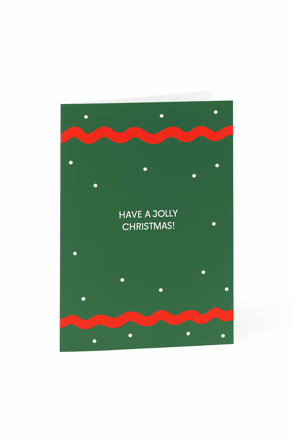 Stuur feestelijke wensen met de Matriks Kerstkaart Have a Jolly Christmas! van Matriks - een groene kaart met rode golvende randen, kleine witte stippen en "HAVE A JOLLY CHRISTMAS!" in het midden.