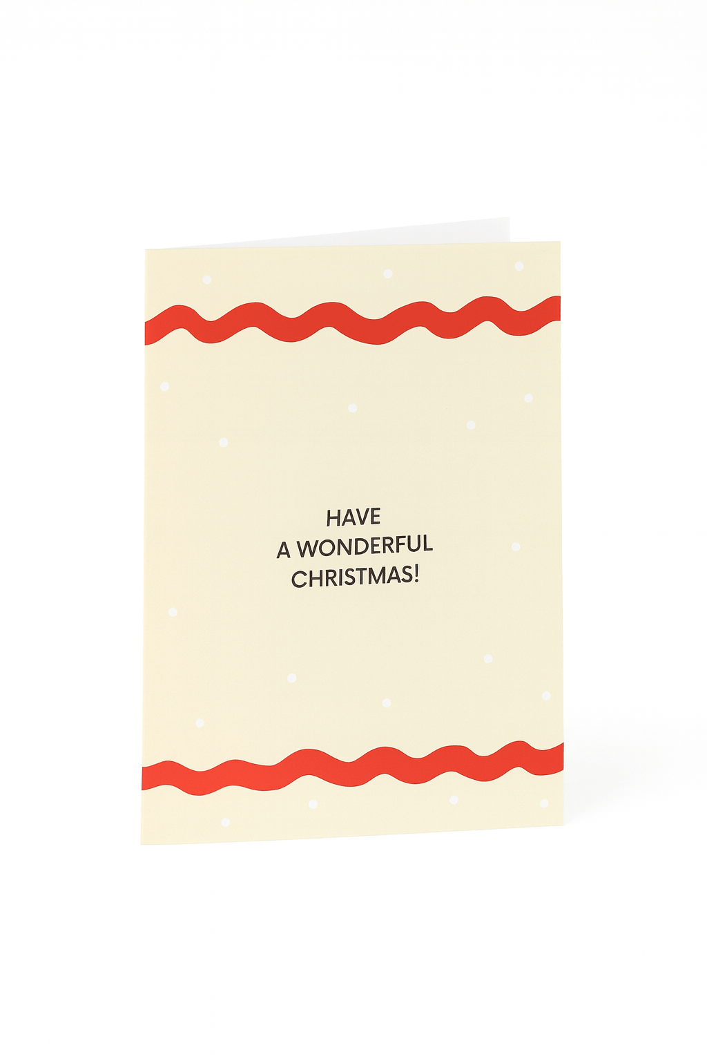 De Matriks Kerstkaart Have a Wonderful Christmas! van Matriks heeft een crèmekleurige achtergrond, rode golvende randen, witte stippen en de feestelijke groet "Have a Wonderful Christmas!" gedrukt in het midden.