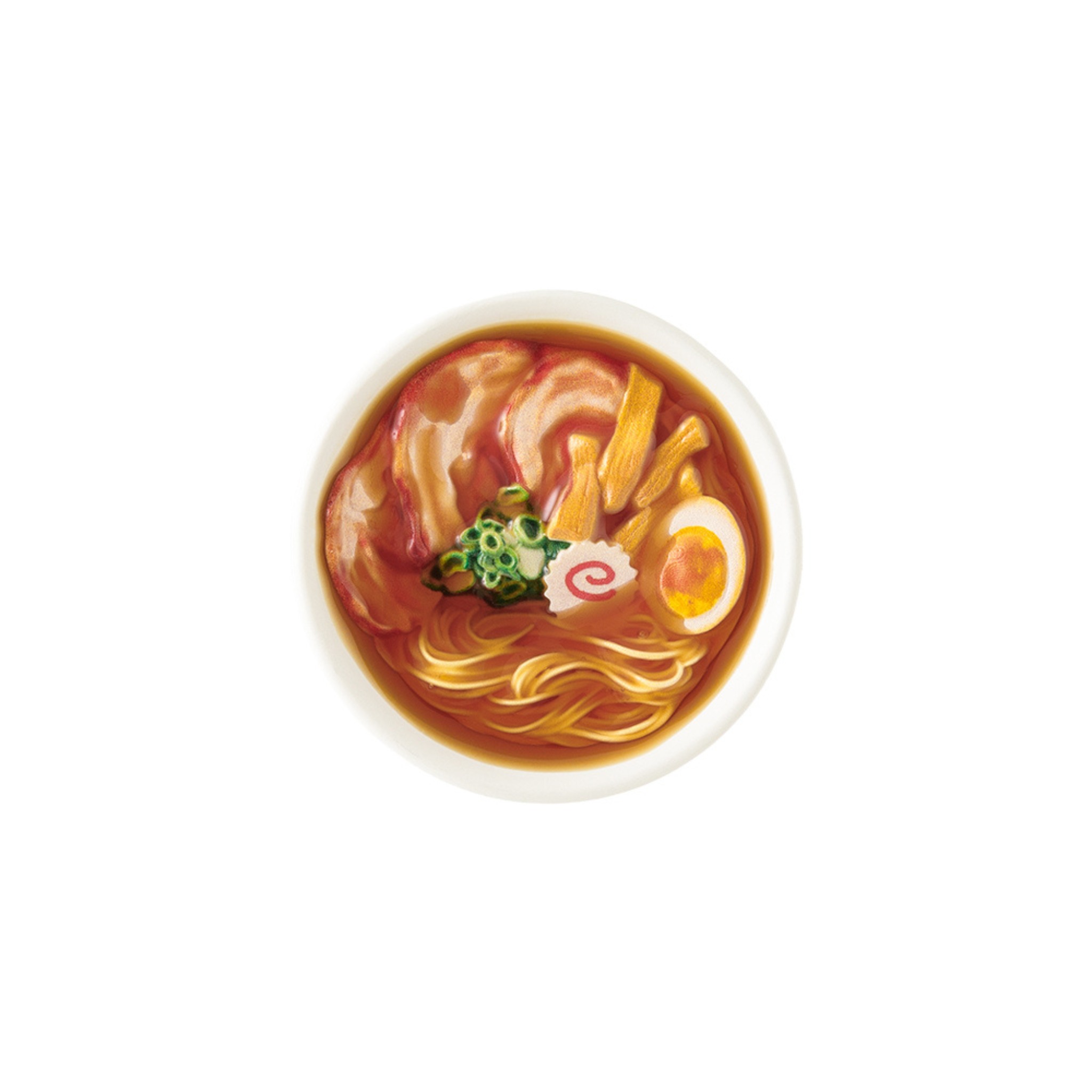 Een kom ramen met noedels, varkensvlees, groene uien, bamboescheuten, gekookt ei en narutomaki in rijke bouillon is van bovenaf gefotografeerd, waardoor de Midori Miniatuur Magneet Ramen by Midori tot leven komt op een witte achtergrond.