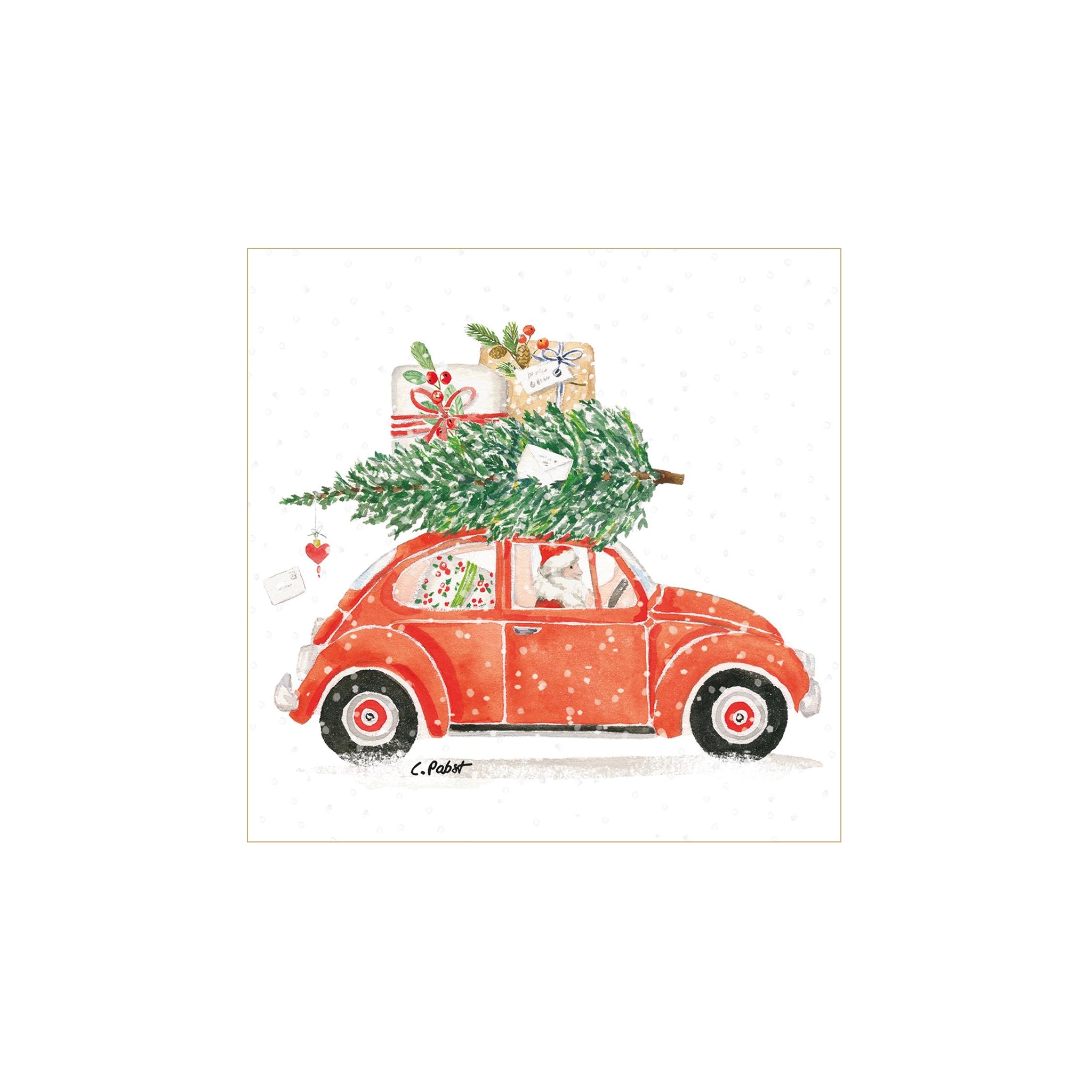 Feestelijke illustratie van een rode oldtimer die een kerstboom en cadeaus vervoert door lichte sneeuwval. Deze PPD Papieren Servetten Christmas Delivery 33/33 (33 × 33 cm) zijn perfect voor de feestdagen en voegen eigenzinnigheid toe aan je tafeldecoratie.