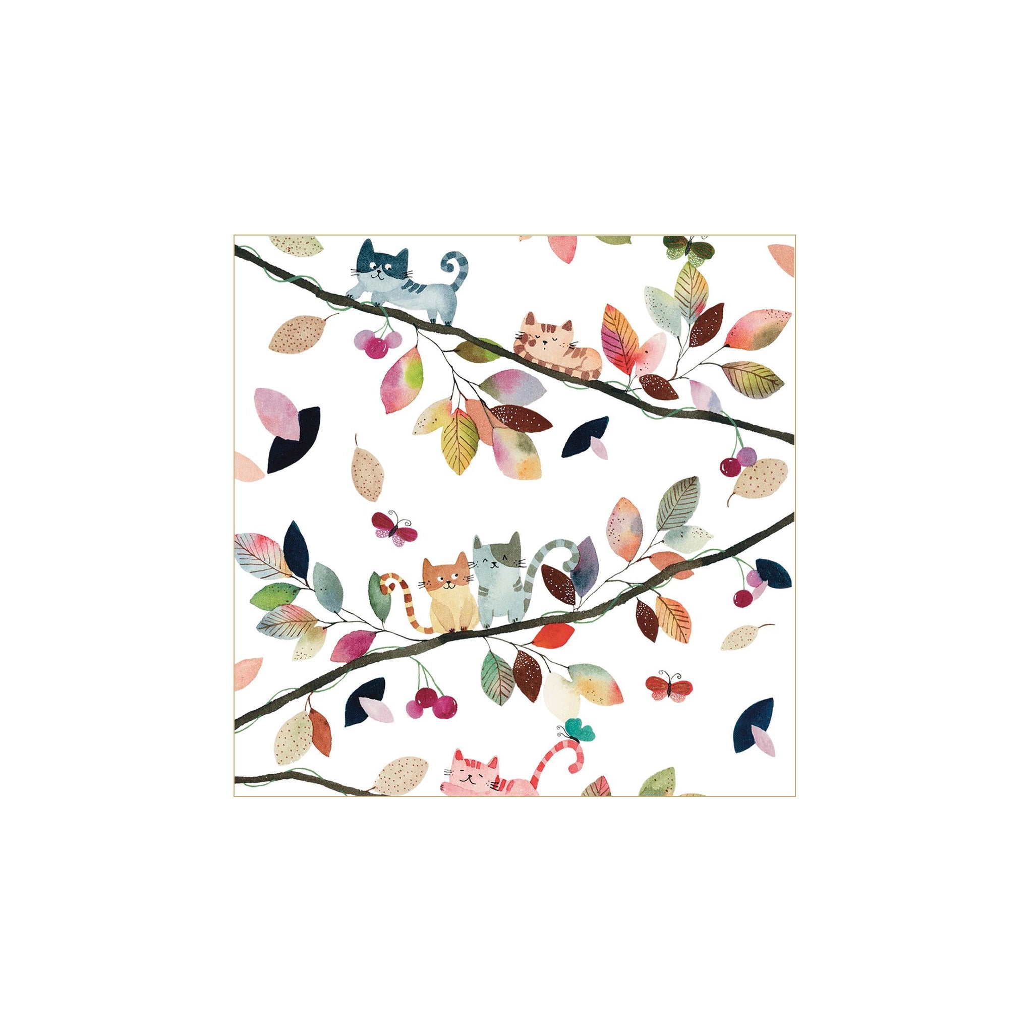 De Papieren Servetten Fall Cats 33/33 van PPD heeft een grillig aquarelontwerp van kleurrijke katten op boomtakken met veelkleurige bladeren en roze kersen, gedrukt op milieuvriendelijk FSC-papier voor een speelse touch.