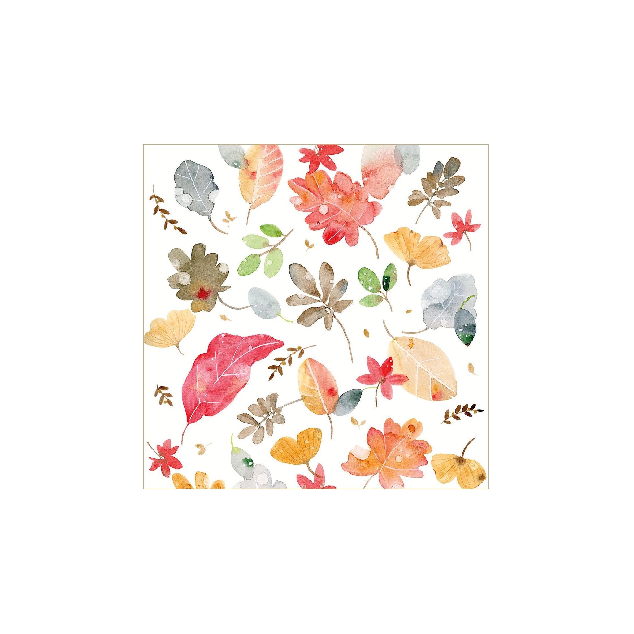 Papieren Servetten Fall Impression 33/33 van PPD, gemaakt van 3-laags FSC-papier, tonen een aquarelprint van herfstbladeren in rijke kleuren op witte achtergrond-perfect als kleurrijke tafeldecoratie in elk seizoen.