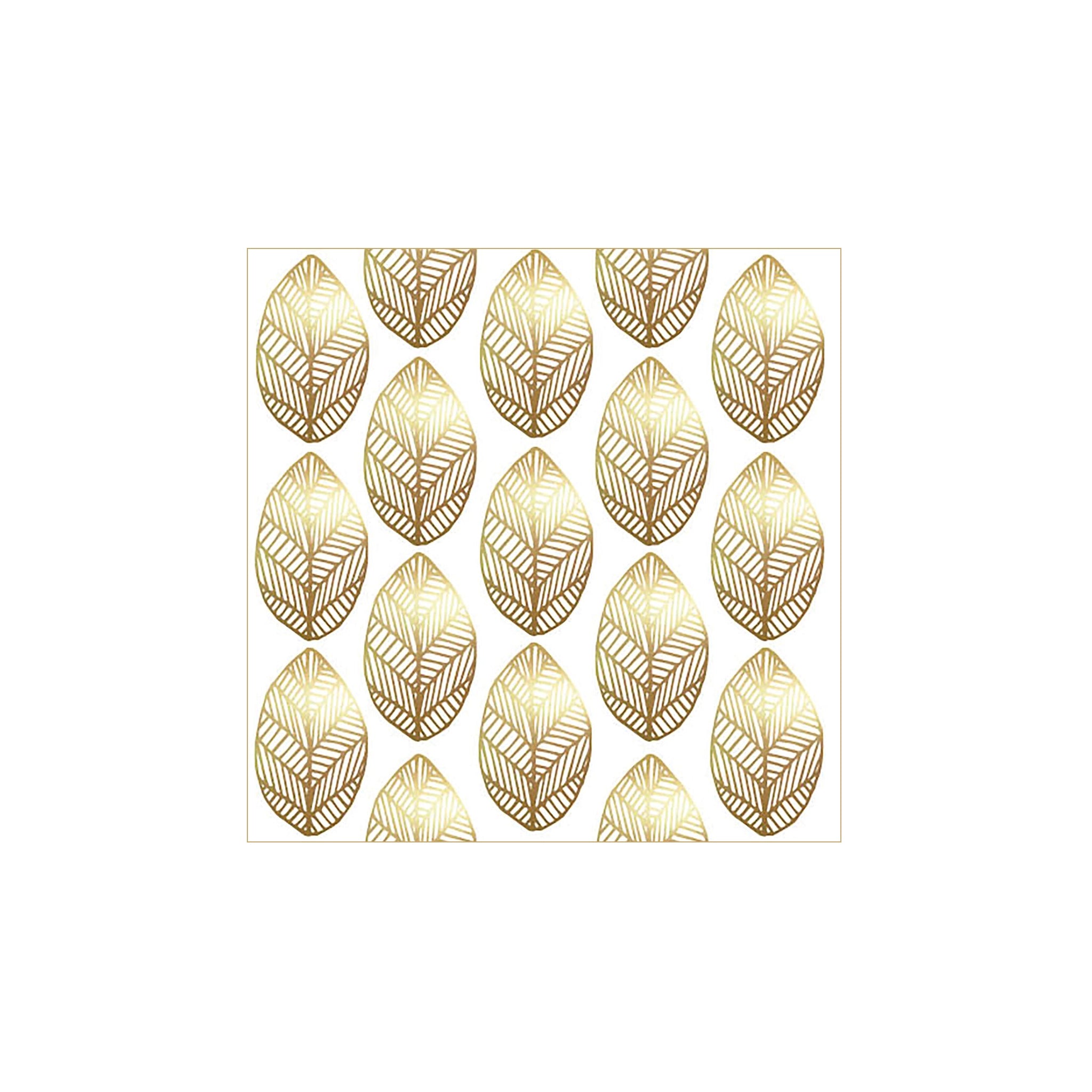 PPD's Papieren Servetten Golden Leaves 33/33 hebben gouden geometrische bladeren in rijen op een witte achtergrond - perfect voor herfst tafeldecoratie. Het gestileerde, symmetrische aderontwerp voegt een elegant detail toe aan elke herfsttafeldecoratie.