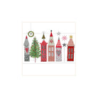 PPD Papieren Servetten Huizen 33/33: Set van vijf feestelijke servetten met rode, witte en grijze huisjes met sterren, hartjes, sneeuwvlokken, een kerstboom en een krans - gedrukt op 3-laags FSC-papier voor een gezellige winterse uitstraling.