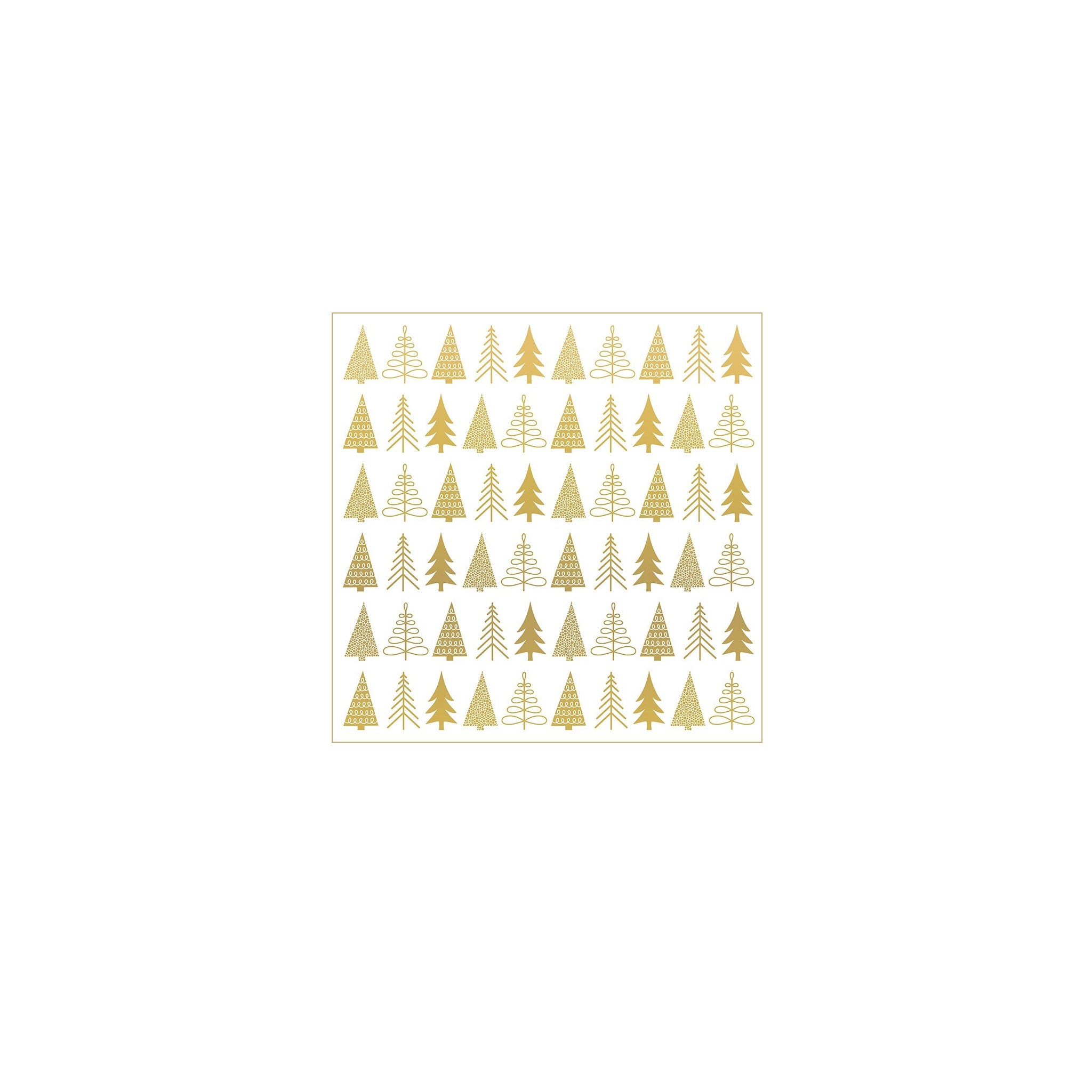 Een stijlvol vierkant patroon van gouden kerstbomen, met afwisselend effen en omlijnde motieven op wit, maakt PPD Papieren Servetten Pure Mood Gold 25/25 de perfecte luxe 3-laags FSC-papier keuze voor je feesttafel.