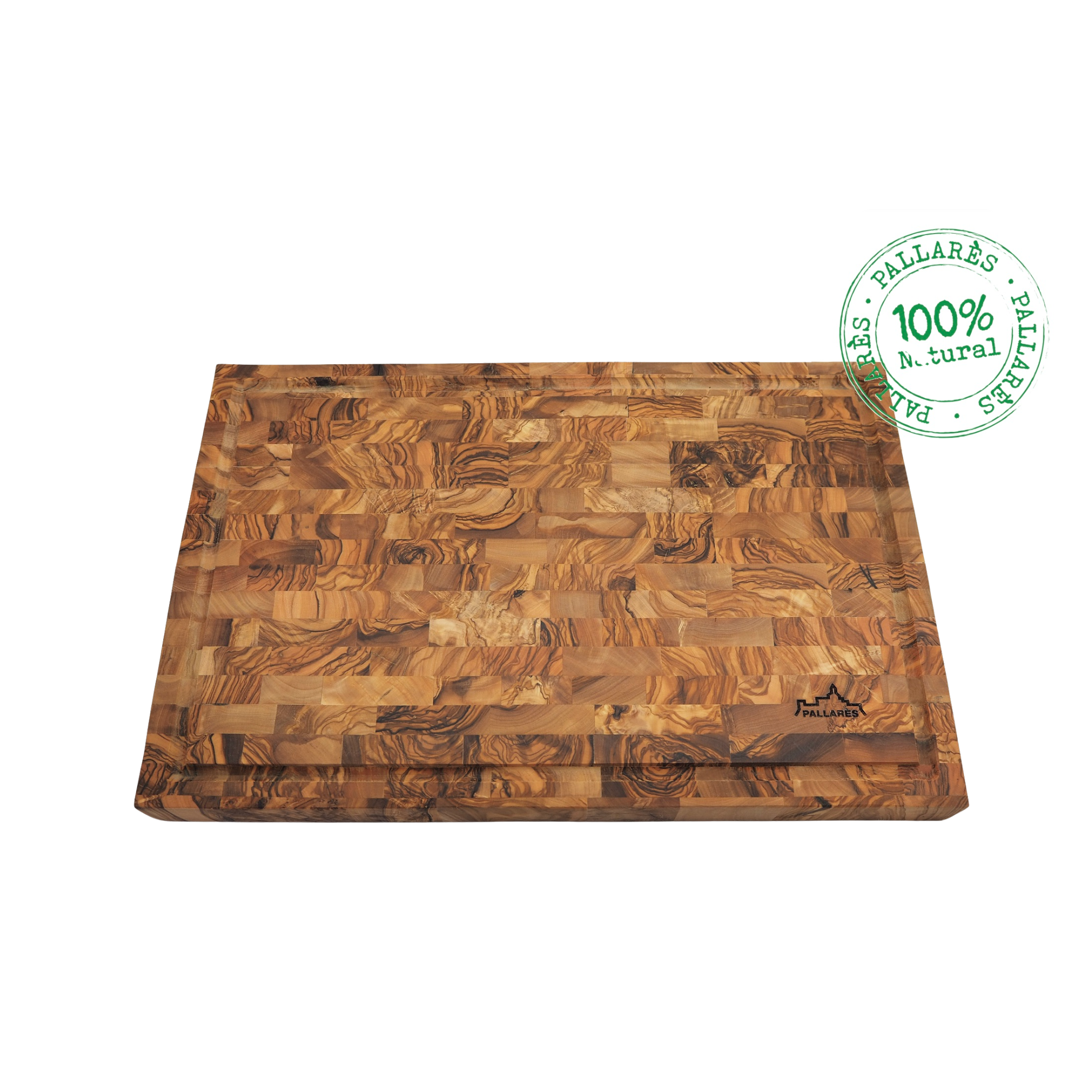 De Pallares Solsona Mosaic Snijplank Olijfhout 45/29 heeft een natuurlijk olijfhouten motief, een merklogo in de hoek en rechtsboven een groene stempel met "100% Natural Pallarès".
