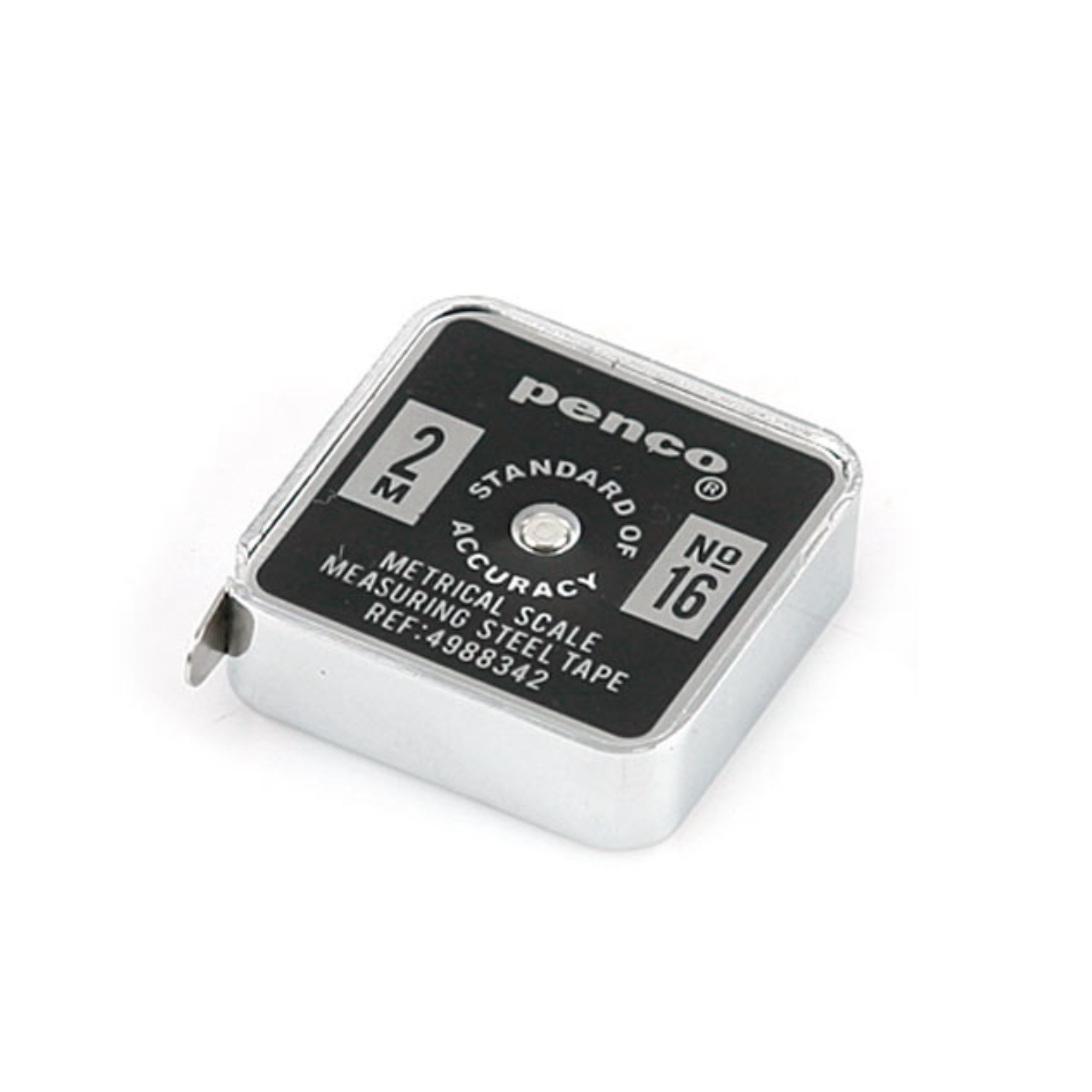 De Penco Compacte Rolmaat Zwart is een handige meettool van Penco met zwart label bovenop, een lengte van 2 meter en modelnummer 16. Het pluisje is deels uitgeschoven aan de linkerkant zichtbaar op de afbeelding.