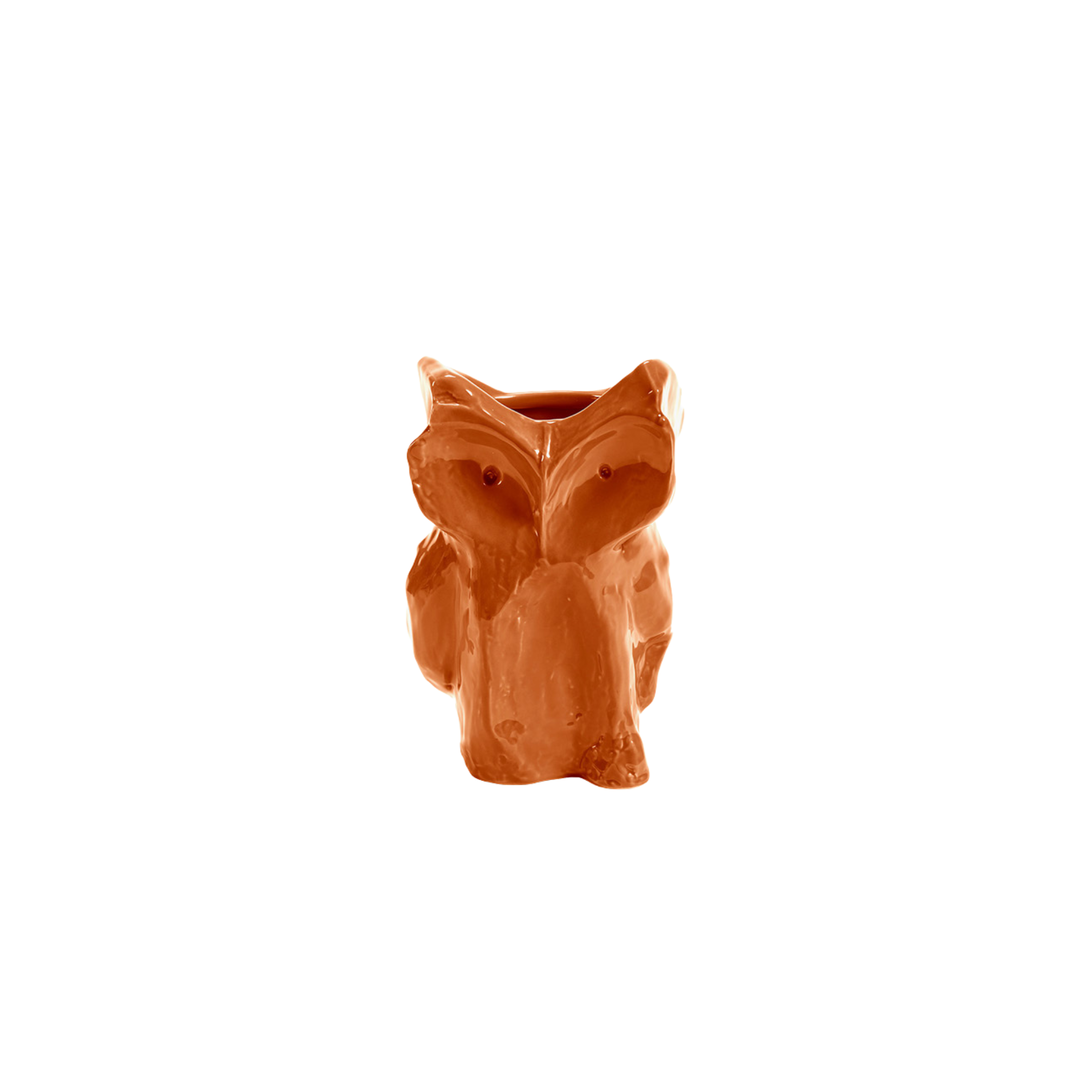 Een kleine, glanzend oranje Serax Marni After Midnight Uil Vaas Oranje XS vaas van keramiek, die de stijl van Marni weerspiegelt, is gefotografeerd tegen een effen witte achtergrond.