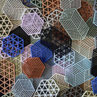 Een dichte opstelling van geometrische 3D-kubussen en zeshoeken in verschillende kleuren, met streep- en rasterpatronen - perfect als een moderne tafelaccessoire of de Zone Denmark Triangles Trivet Indigo, gemaakt van hittebestendig silicone door Zone Denmark.