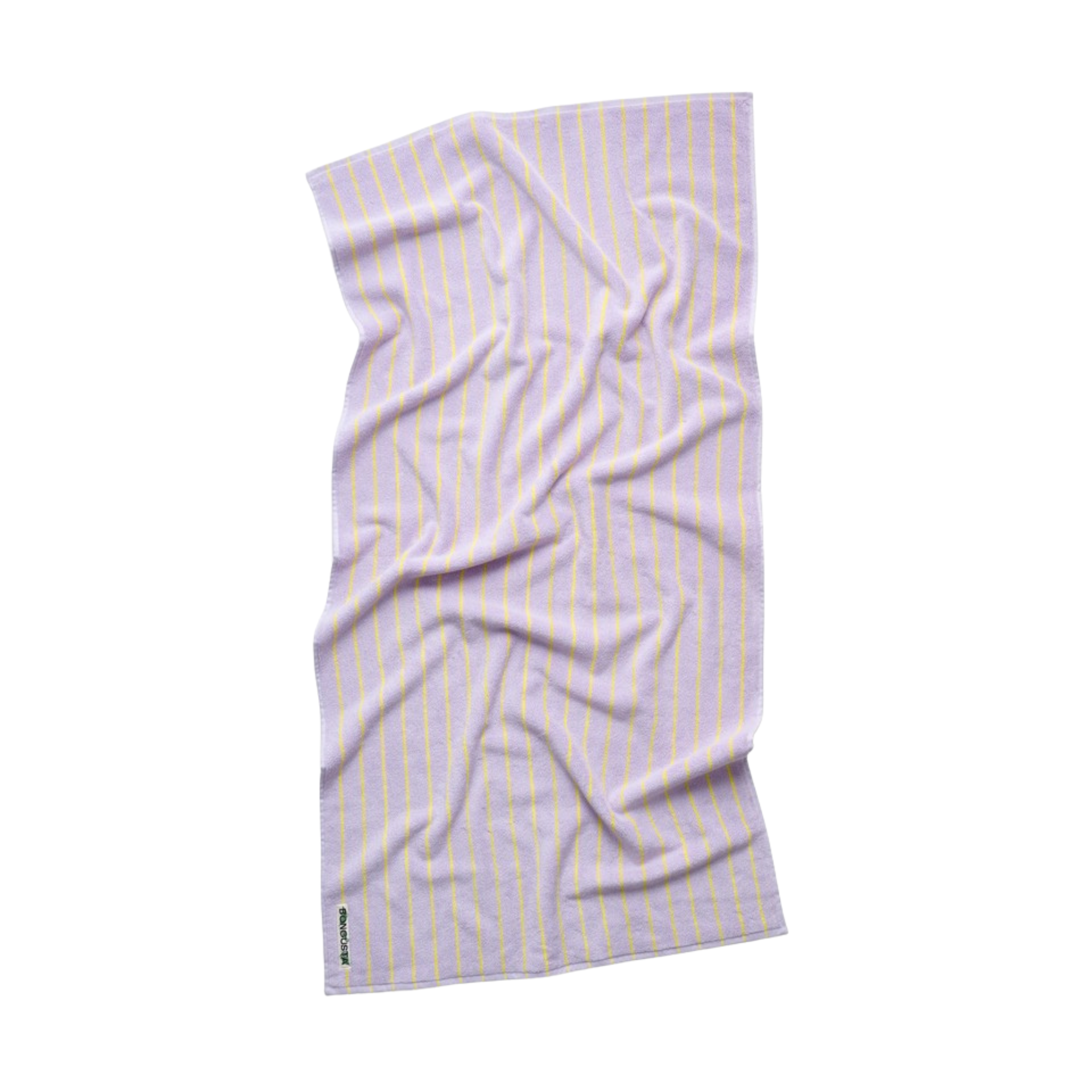 De Bongusta Naram Badhanddoek Lila & Neon Geel 70/140 ligt plat met dunne neon gele strepen en een klein groen en zwart logo op één hoek. De licht gekreukte Bongusta handdoek is afgebeeld tegen een witte achtergrond.
