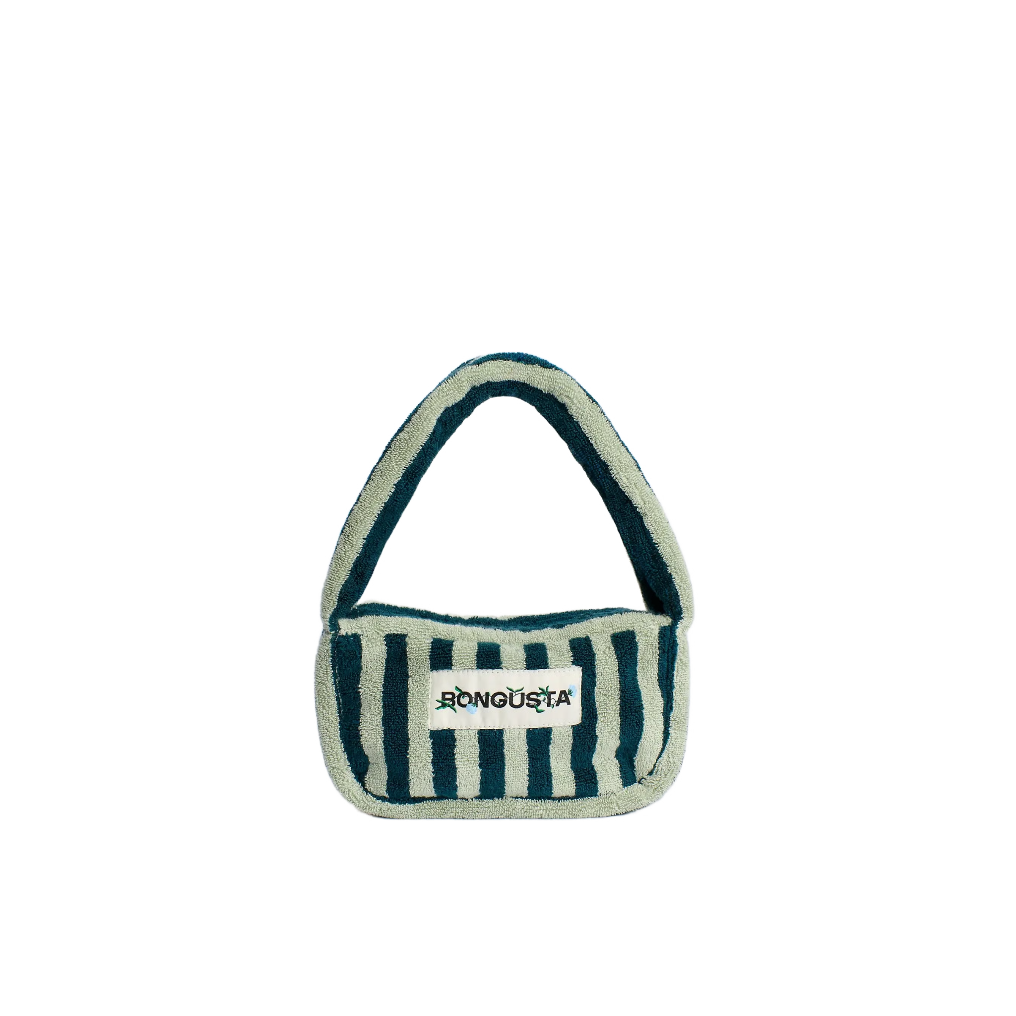 De Bongusta Naram Mini Bag Sea Foam & Deep Teal is een kleurrijk accessoire met groene en crèmekleurige verticale strepen, een breed handvat en een Bongusta-label op zacht biologisch katoen met textuur.