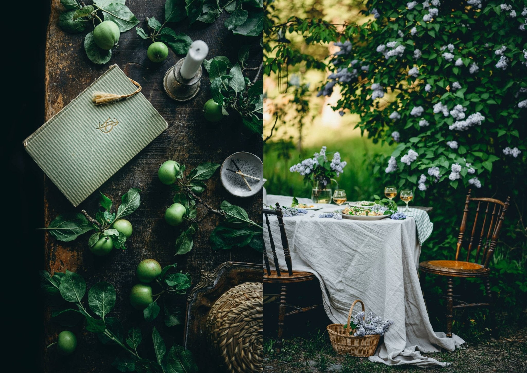 Een rustieke buitentafel is gedekt met wit linnen, bloemen en glaswerk naast houten stoelen. Groene appels en een gesloten Cozy Publishing Nordic Summer Kookboek zijn kunstig gerangschikt op een nabijgelegen houten oppervlak.
