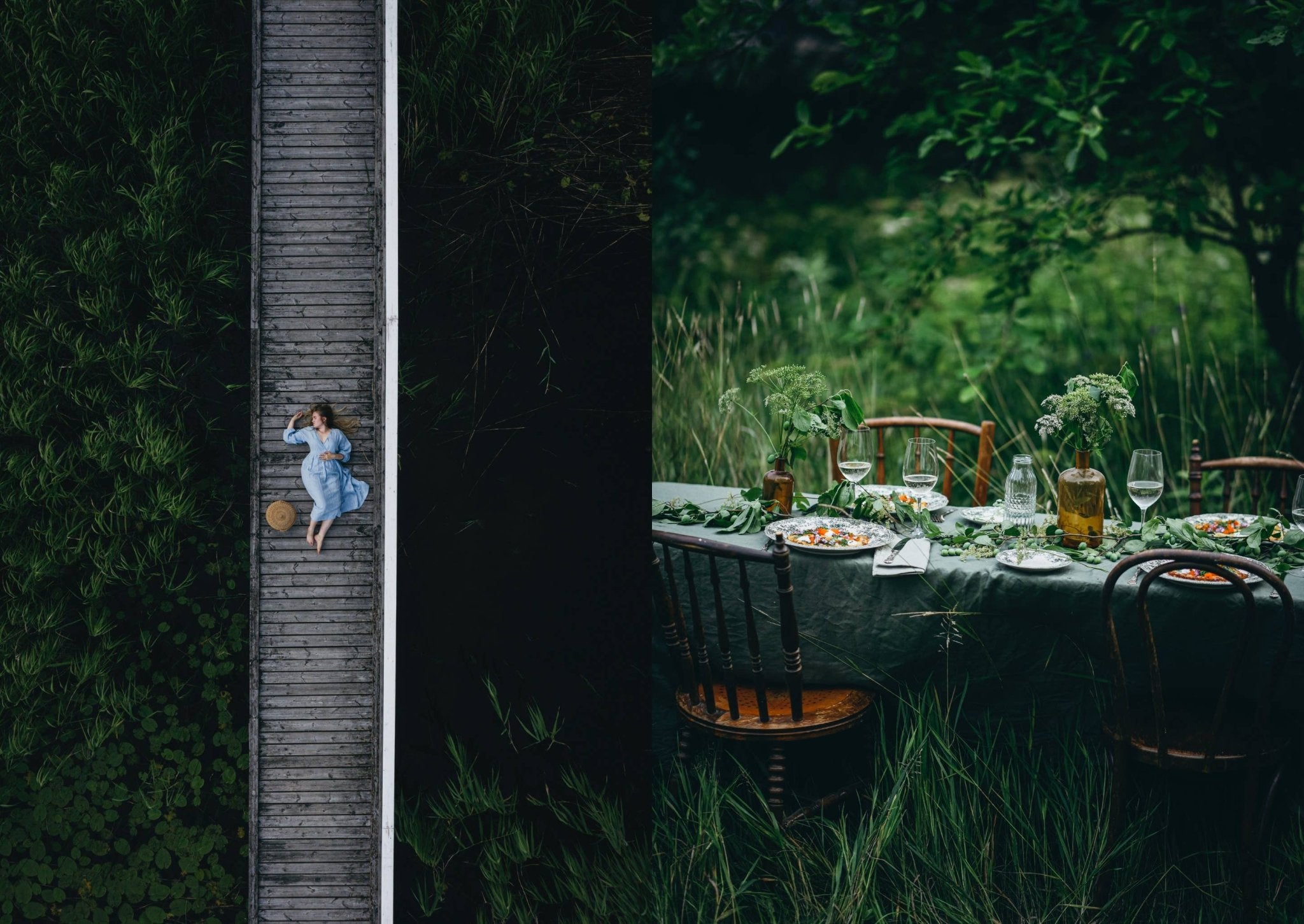 Een vrouw in een blauwe jurk ontspant op een houten steiger in het groen; vlakbij staat een buitentafel gedekt voor een maaltijd met het Cozy Publishing Nordic Summer Kookboek, omringd door bijpassende stoelen op weelderig gras.
