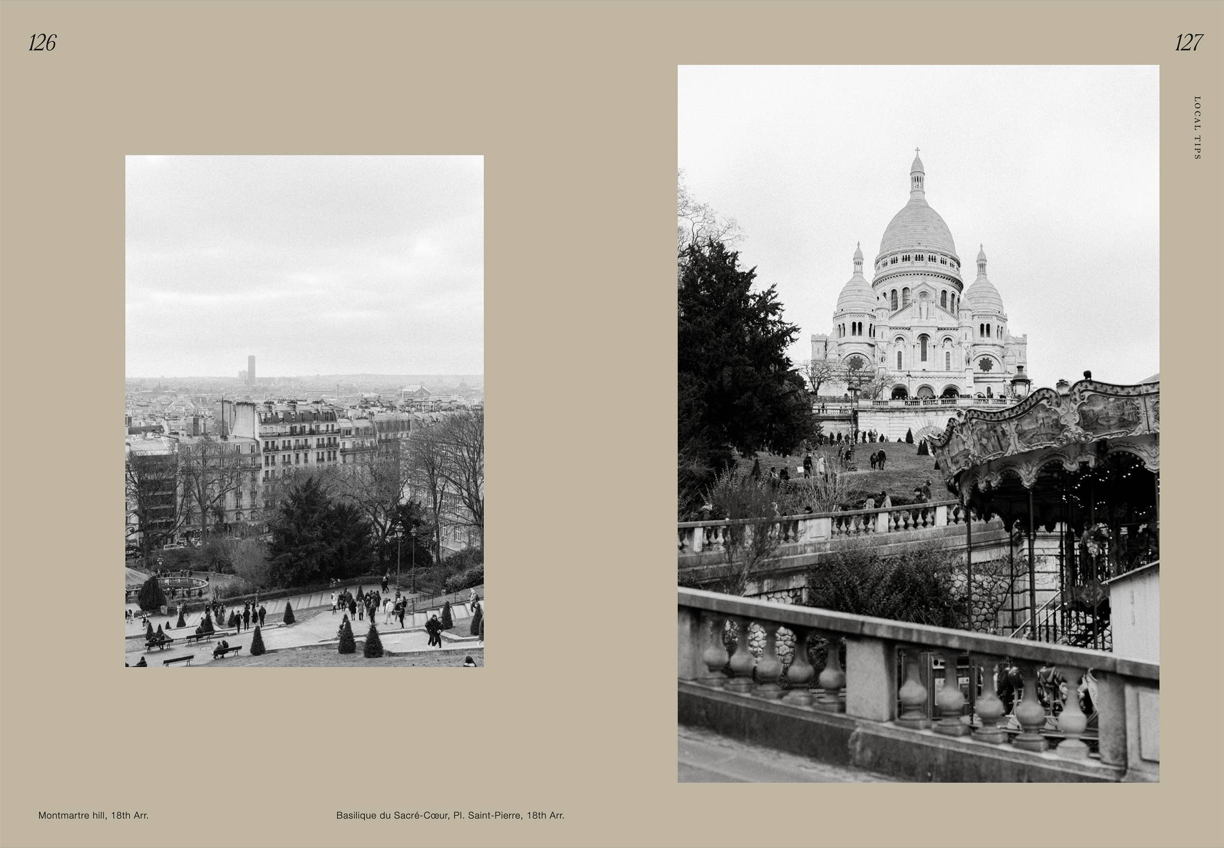 Twee zwart-wit foto's: Links, een uitzicht op Parijs vanaf de heuvel Montmartre; rechts, de Basiliek van Sacré-Cœur met een carrousel-vind insider tips voor je City of Love trip in Cozy Publishing Paris Dreamy Tips for the City of Love Reisgids.