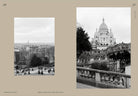 Twee zwart-wit foto's: Links, een uitzicht op Parijs vanaf de heuvel Montmartre; rechts, de Basiliek van Sacré-Cœur met een carrousel-vind insider tips voor je City of Love trip in Cozy Publishing Paris Dreamy Tips for the City of Love Reisgids.