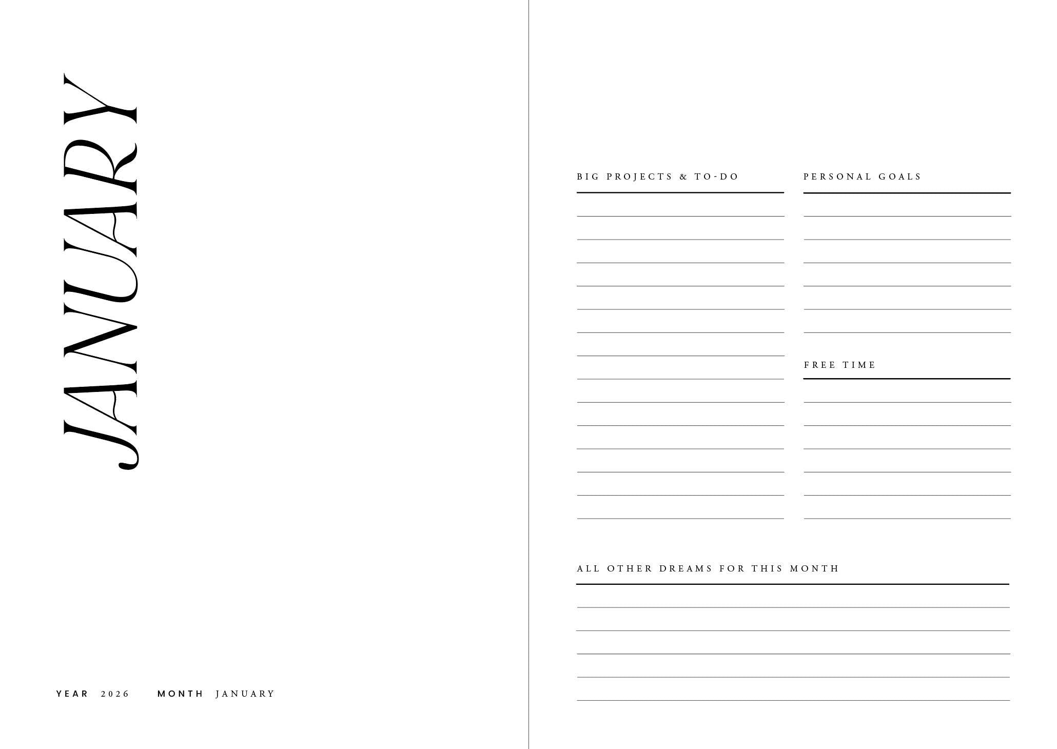 Minimalistische januari planner spread uit de Cozy Publishing Planner 2026 You Are Made of Magic van Cozy Publishing, op koffiekleurig linnen. Linkerpagina: groot JANUARI; rechterpagina: gelinieerde Grote Projecten & Te Doen, Persoonlijke Doelen, Vrije Tijd en Dromen.